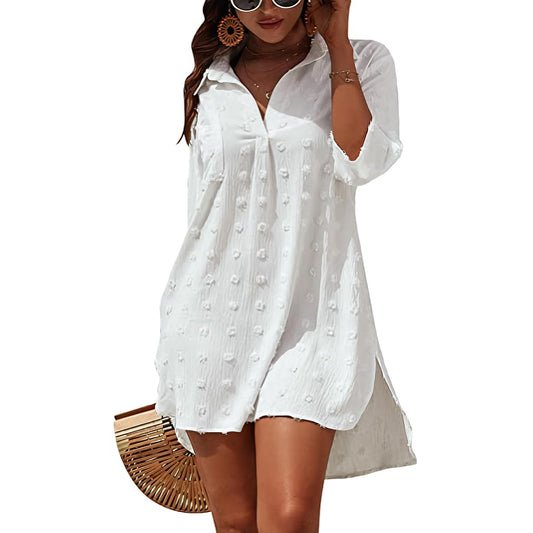 Figarge Strandkleid Damen Bikini Cover Up V-Ausschnitt Baumwolle Strandtunika Sommer Pareos Button Down Strandponcho Badeanzug Strand