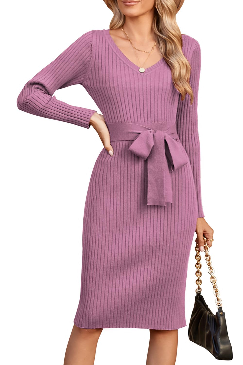 Newshows Strickkleid Damen Langarm Knielang Winterkleid Damen Elegant Pulloverkleid Winter Herbst mit Gürtel