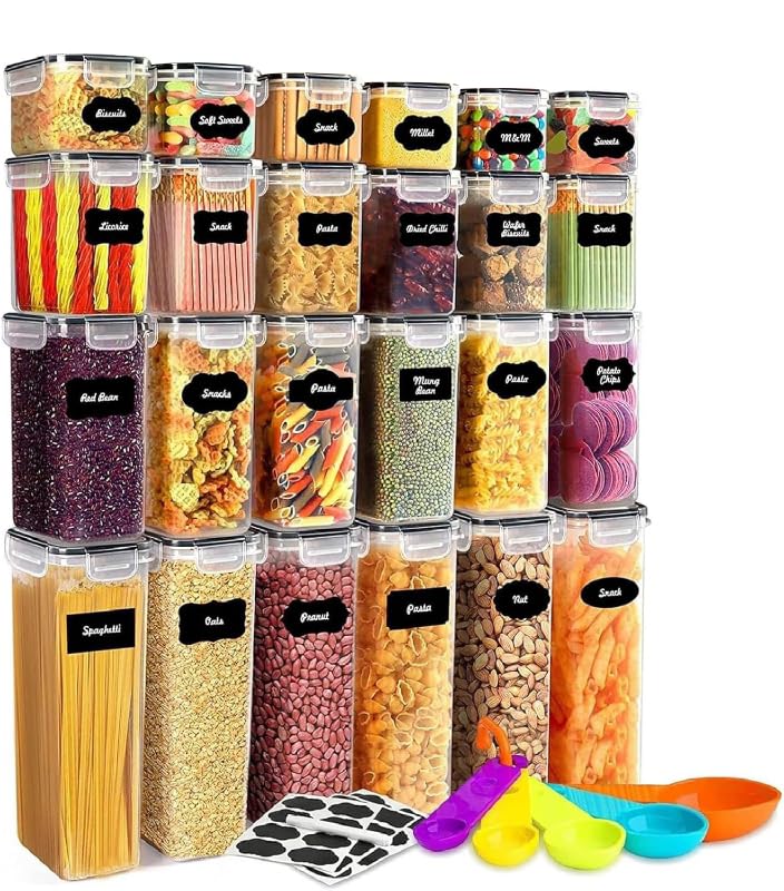 stusgo 24 Airtight Food Storage Containers with Lids Plastic Containers for Kitchen and Organization Cereal Flour and Sugar BPA Free Includes Spoon, Labels and a Pen