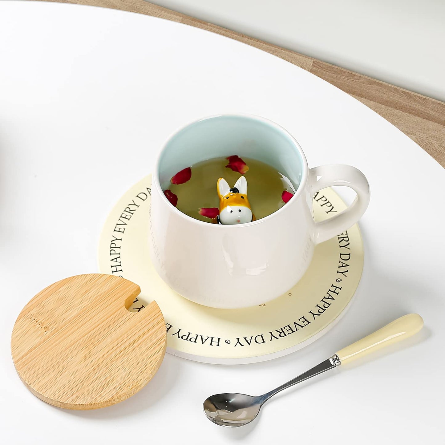 BigNoseDeer Süße Sachen Keramik Katze Kaffeetasse Teetasse Deckel Löffel Lustige Tassen Geschenke für Frauen Kaffeebecher 3D Tasse Personalisiert Cappuccino Tasse Beste Freundin Weihnachten Geschenk