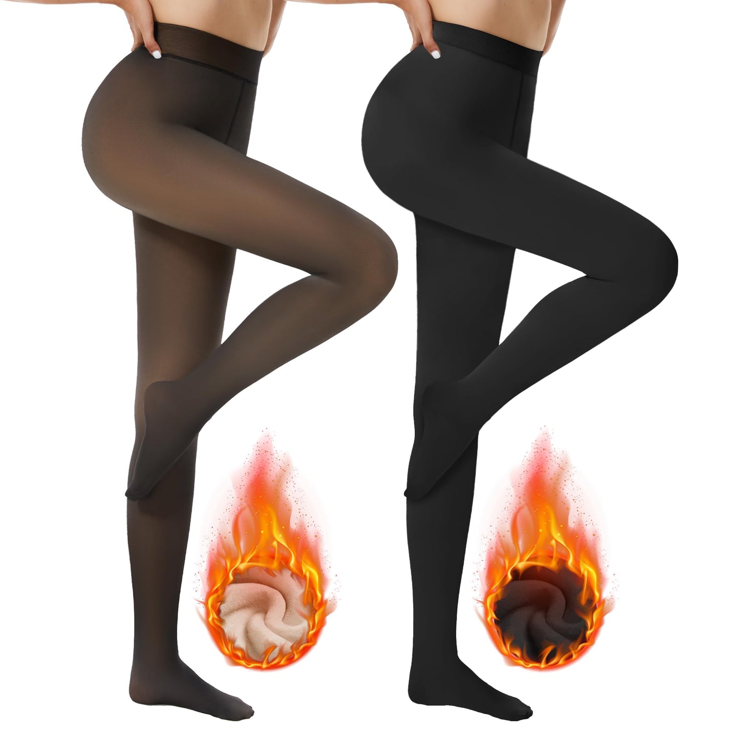 DDOBB Pack of 2 Thermal Tights Women's Winter Lined Thermal Tights Fleece Warm Thick Fake Translucent Pantyhose Thermal Leggings