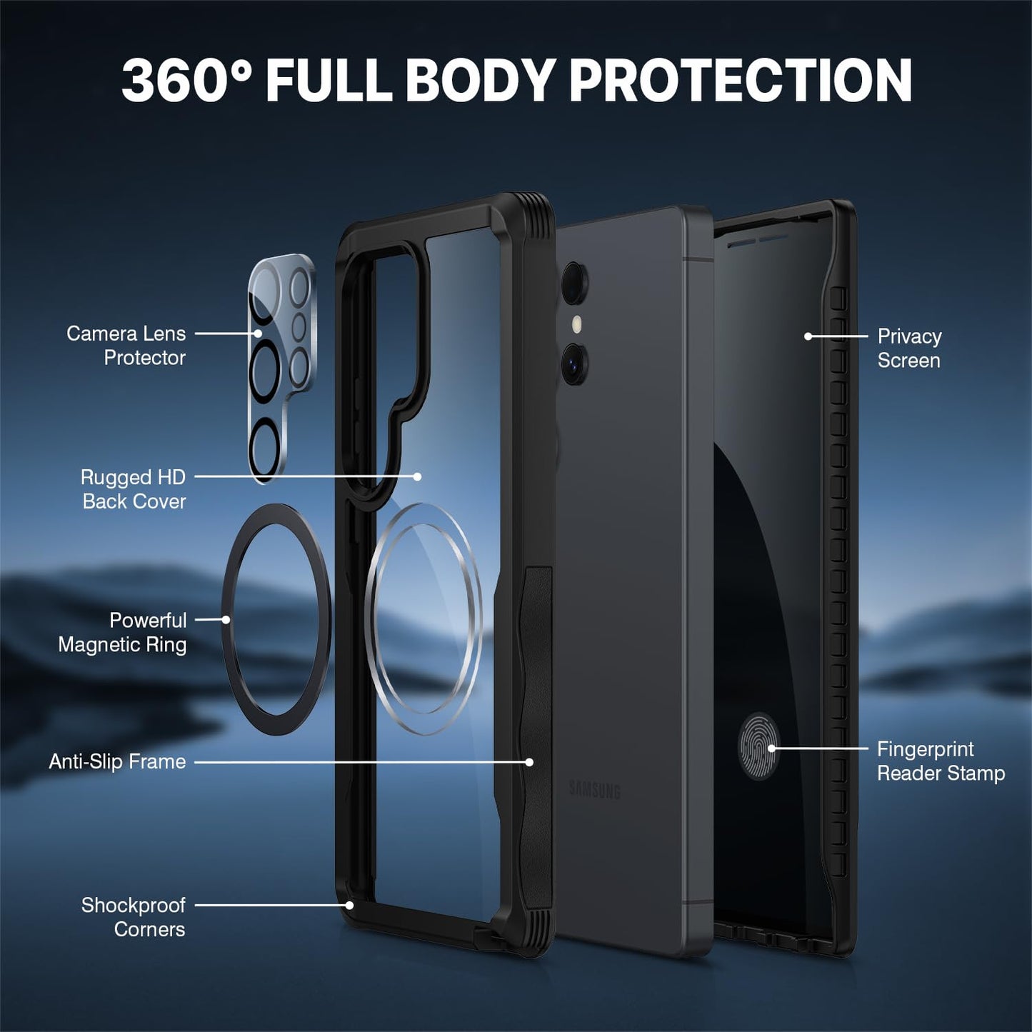 CENHUFO Privacy Screen Case for Samsung Galaxy S25 Ultra, Magnetic Mobile Phone Case with Built-in Privacy Tempered Glass Screen Protector and Camera Protection, 360 Degree Protective Case, Shockproof