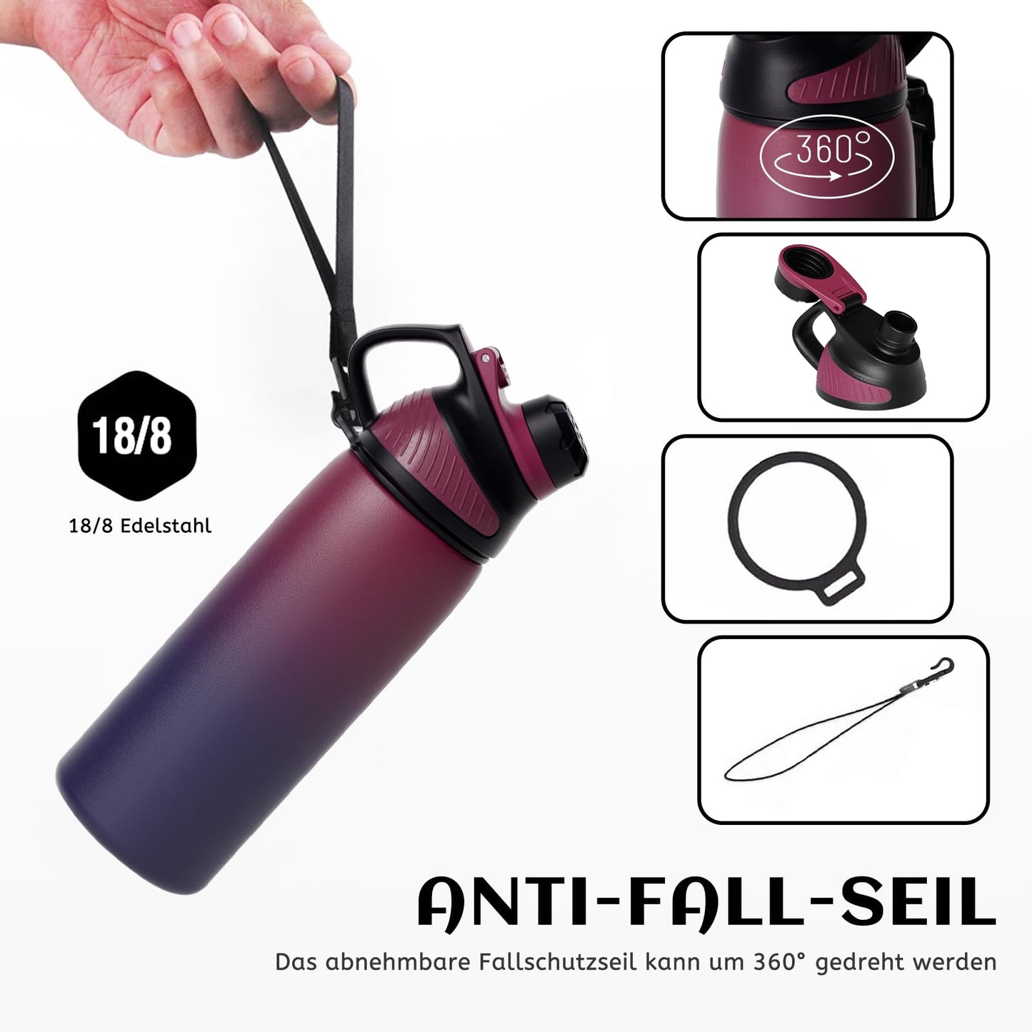 Fjbottle Edelstahl Trinkflasche Sport mit Magnetischem Deckel 1L, 800ml, 600ml, 400ml BPA-Frei Auslaufsichere Kinder Flasche - Kohlensäure geeignet 1500ML Wasserflasche Thermo für Schule, Fitness