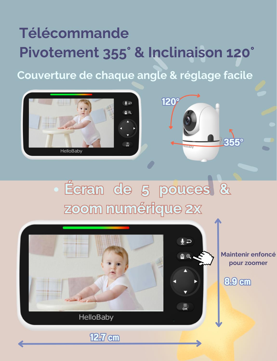 HelloBaby Babyphone mit Kamera, Kein WLAN, 5" IPS, HB6550, 3500 mAh