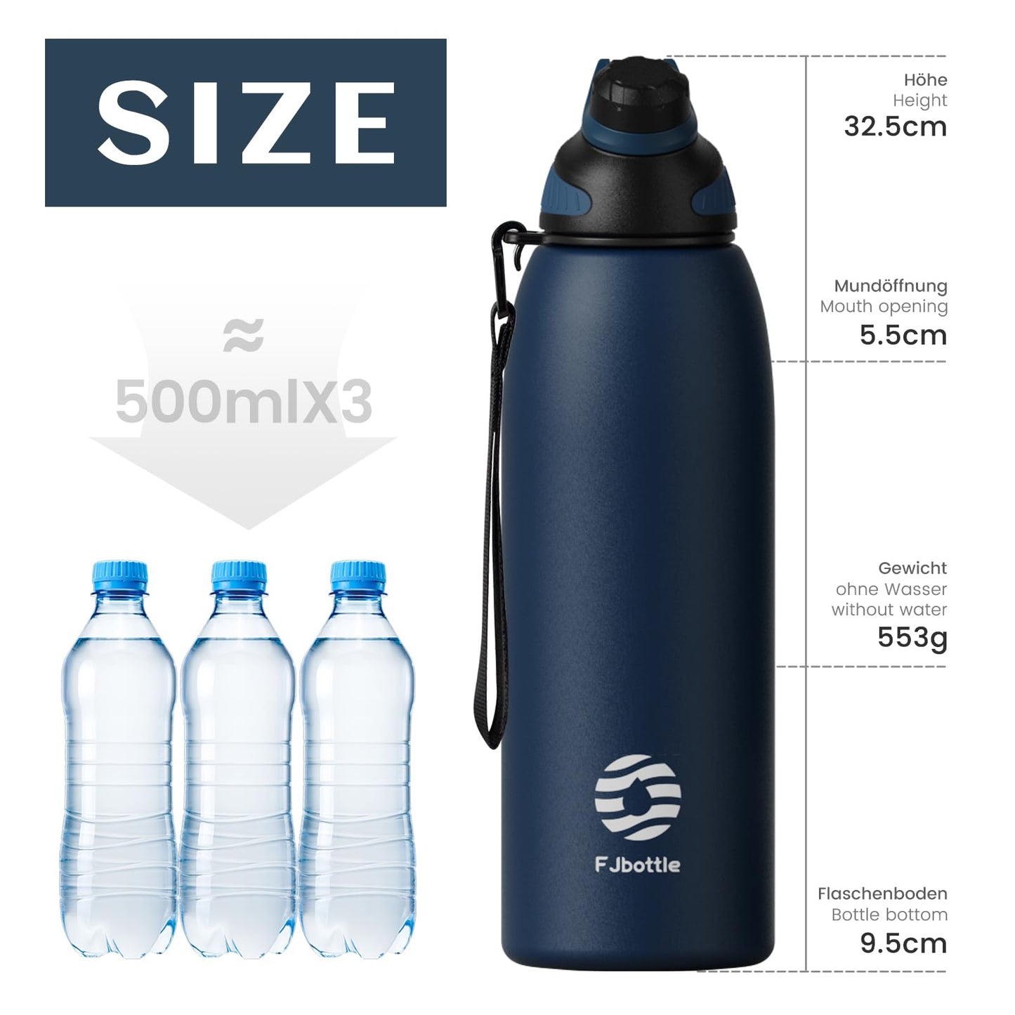 Fjbottle Edelstahl Trinkflasche Sport mit Magnetischem Deckel 1L, 800ml, 600ml, 400ml BPA-Frei Auslaufsichere Kinder Flasche - Kohlensäure geeignet 1500ML Wasserflasche Thermo für Schule, Fitness