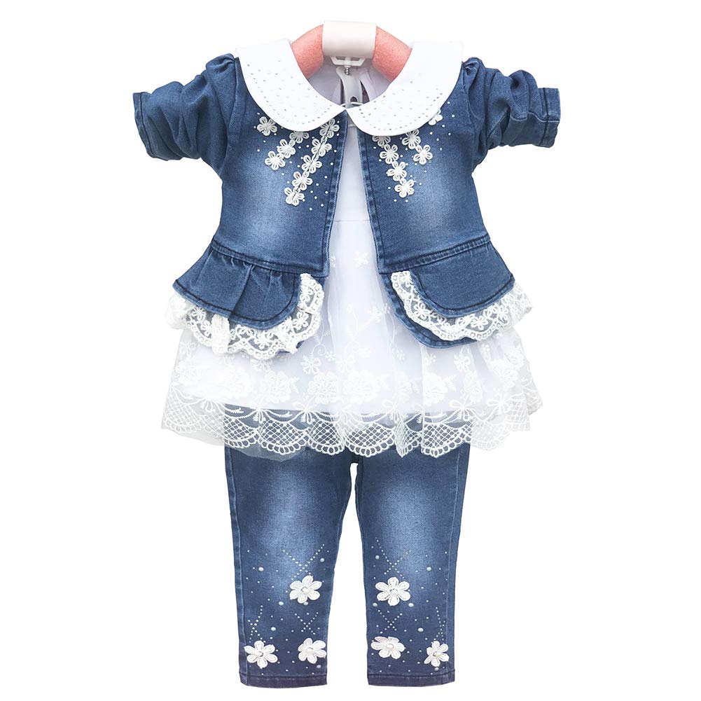 YYA 6M-4J Baby Mädchen Jeans 3-teiliger Anzug bestickter Spitzenrock Jeansjacke und Jeans
