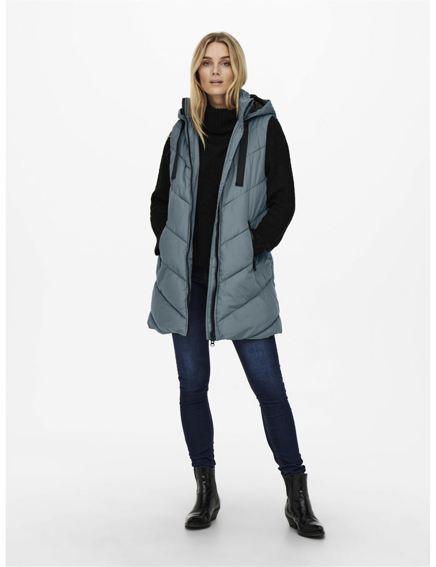 JDY JDYSkylar Women's 3/4 Length Quilted Vest Padded Hood Waistcoat with Hood