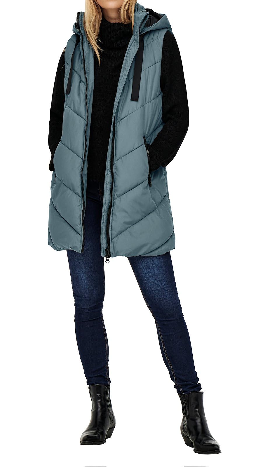 JDY JDYSkylar Women's 3/4 Length Quilted Vest Padded Hood Waistcoat with Hood