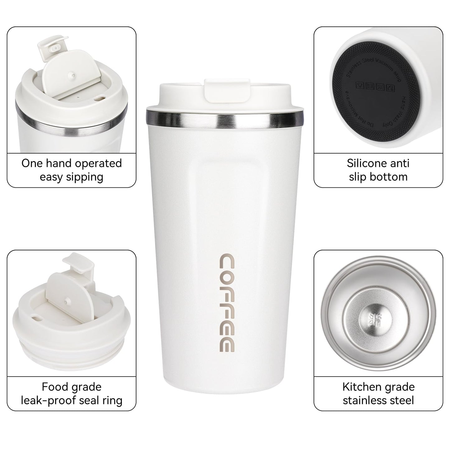 ERBO Kaffeebecher to go, Thermobecher Edelsthal, Auslaufsicher Kaffeetasse Kaffeebecher mit Deckel, Kaffeetasse Thermobecher für Unterwegs Umweltfreundlich, Weiß 380ml