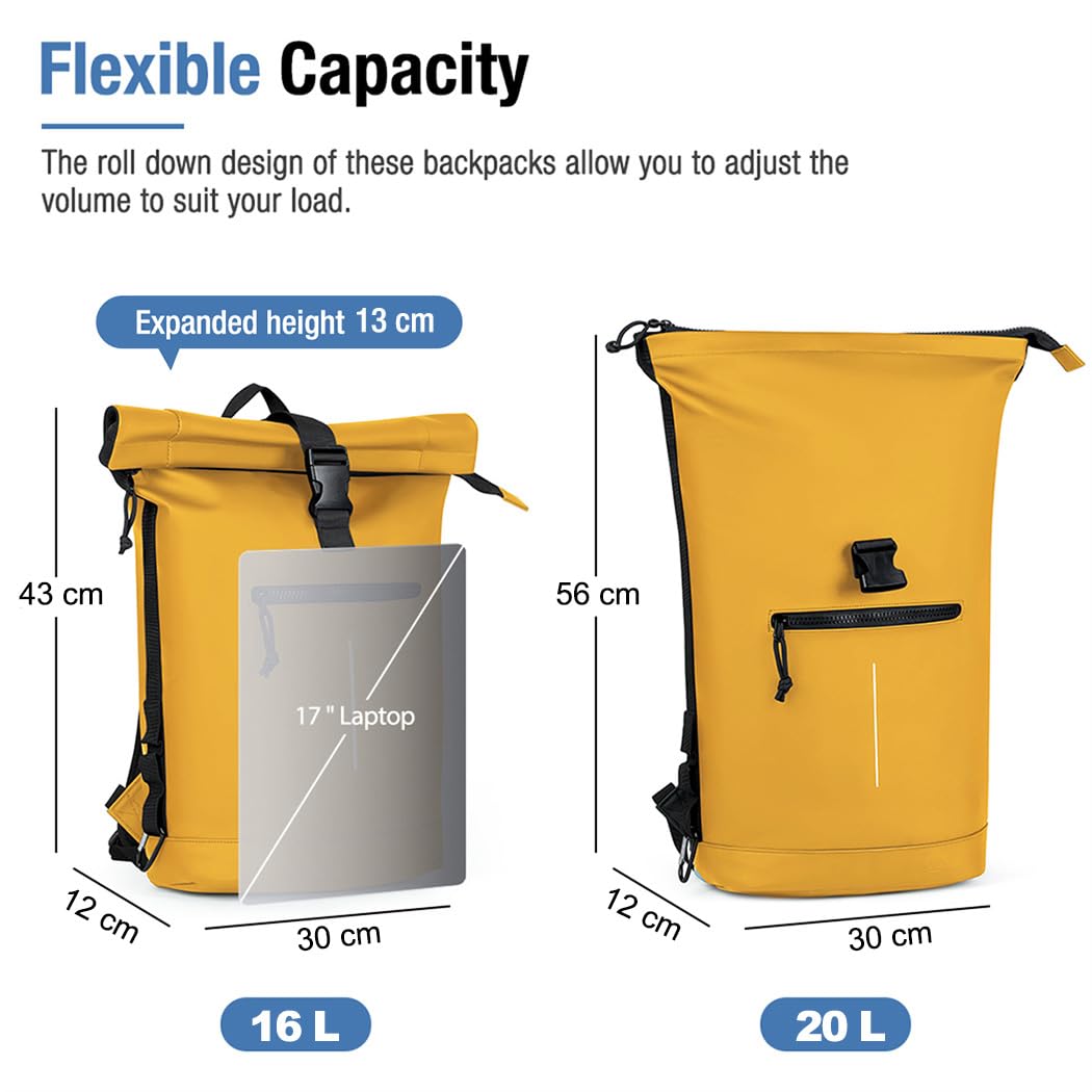 Lekeinchi Rolltop Rucksack Wasserdicht für Damen & Herren, Großer Laptop Rucksack mit Computerfach für 17 Zoll Laptop, Elegant Reiserucksack Daypack für Reisen, Radfahren, Uni Schule, Arbeit-Blau