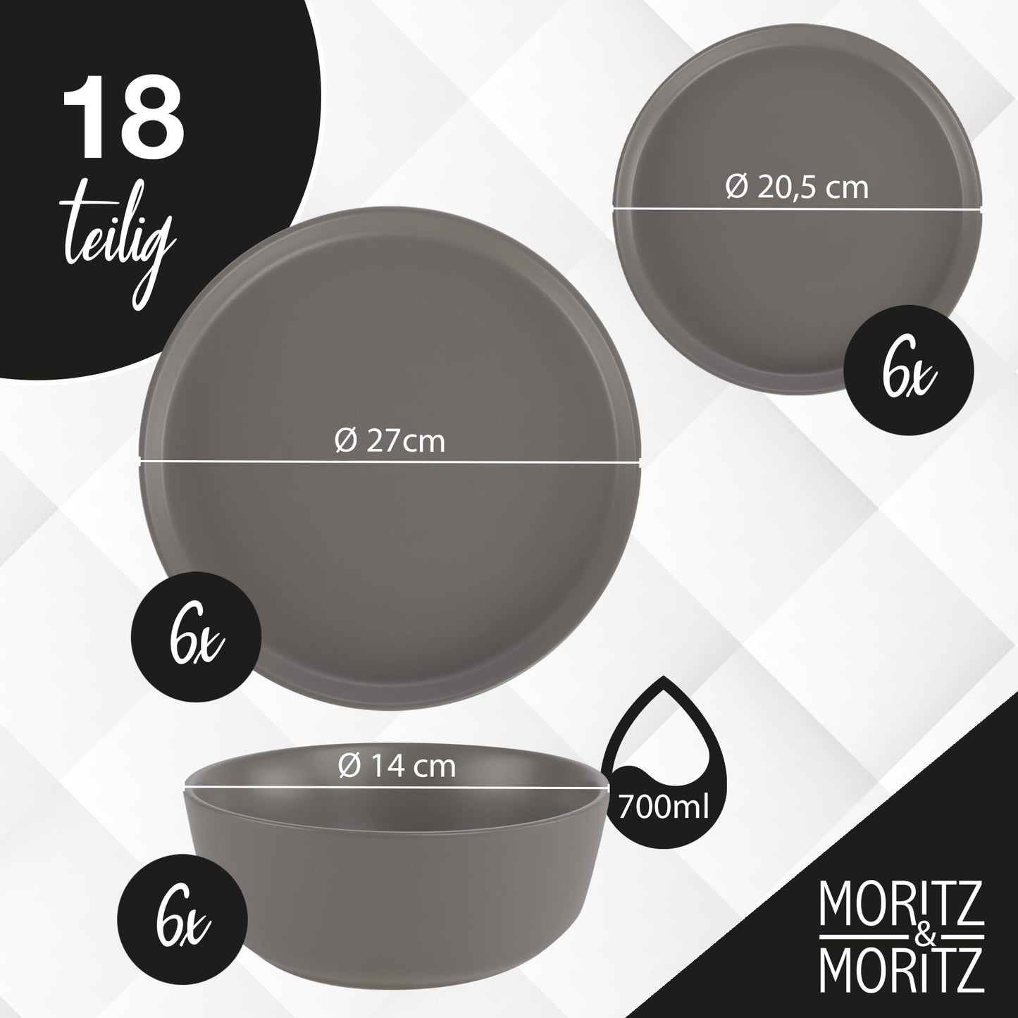 Moritz & Moritz NORDIC Geschirrset 6 Personen 18-teilig Taupe - Elegantes Teller Set aus hochwertigem Steinzeug - Geschirr Set aus 6x Dinnerteller, 6x Dessertteller, 6x Suppenteller