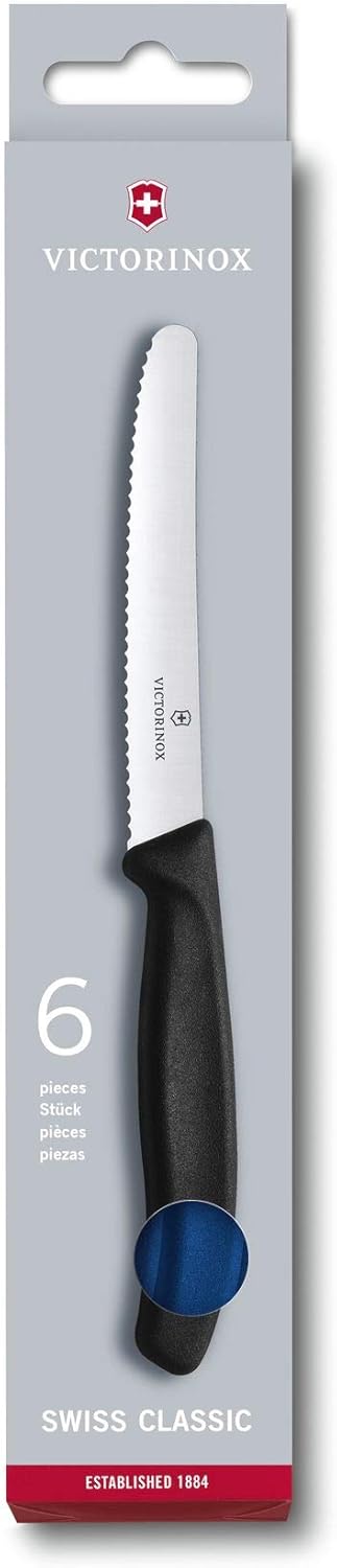 Victorinox Swiss Classic, Tomaten- und Tafelmesser, 6-teilig, Buttermesser, Extra Scharf, Wellenschliff, 11 cm, Rostfreier Stahl, blau