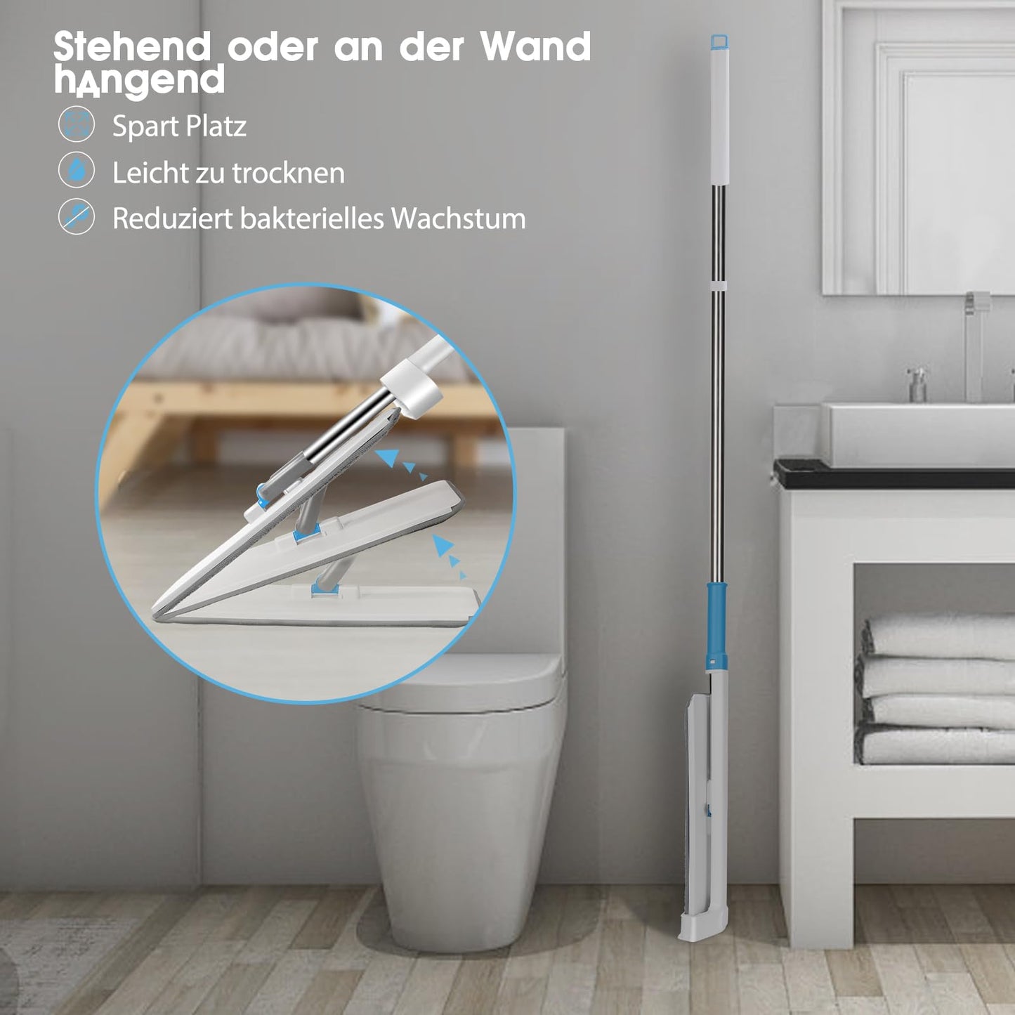 Masthome Wischmopp Bodenwischer Bodenreiniger,Mikrofaser Mopp mit 128cm Teleskopstiel,Wischer Boden Flachmopp mit 4 Moppads für Hartholz,Laminat,Fliesen,Marmor,Send Scraping Dust