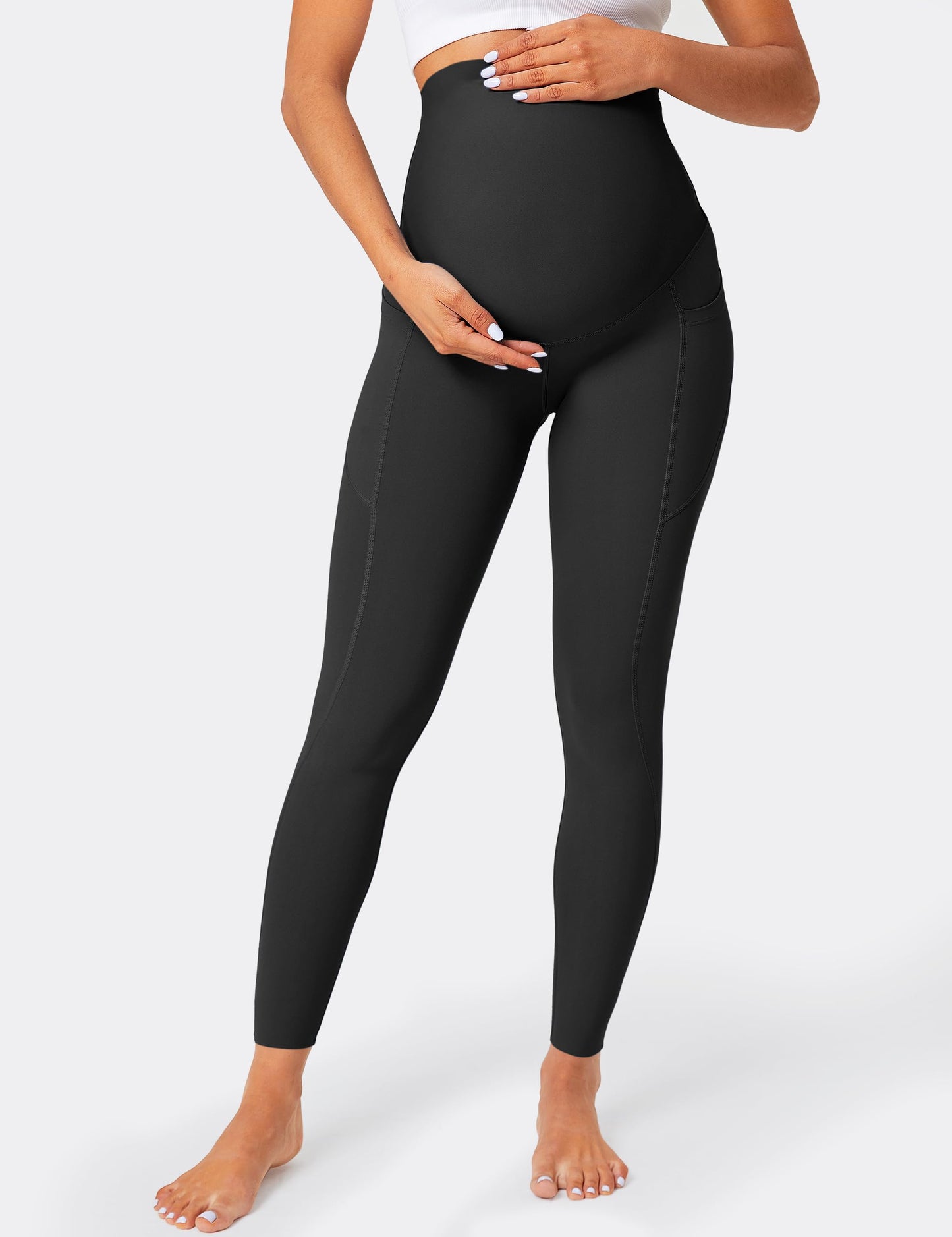 BAYDI Damen Umstandsleggings mit Taschen Blickdichte Lange Schwangerschaftsleggings High Waist Umstandshose Damen Weich elastisch Schwangerschaftshose