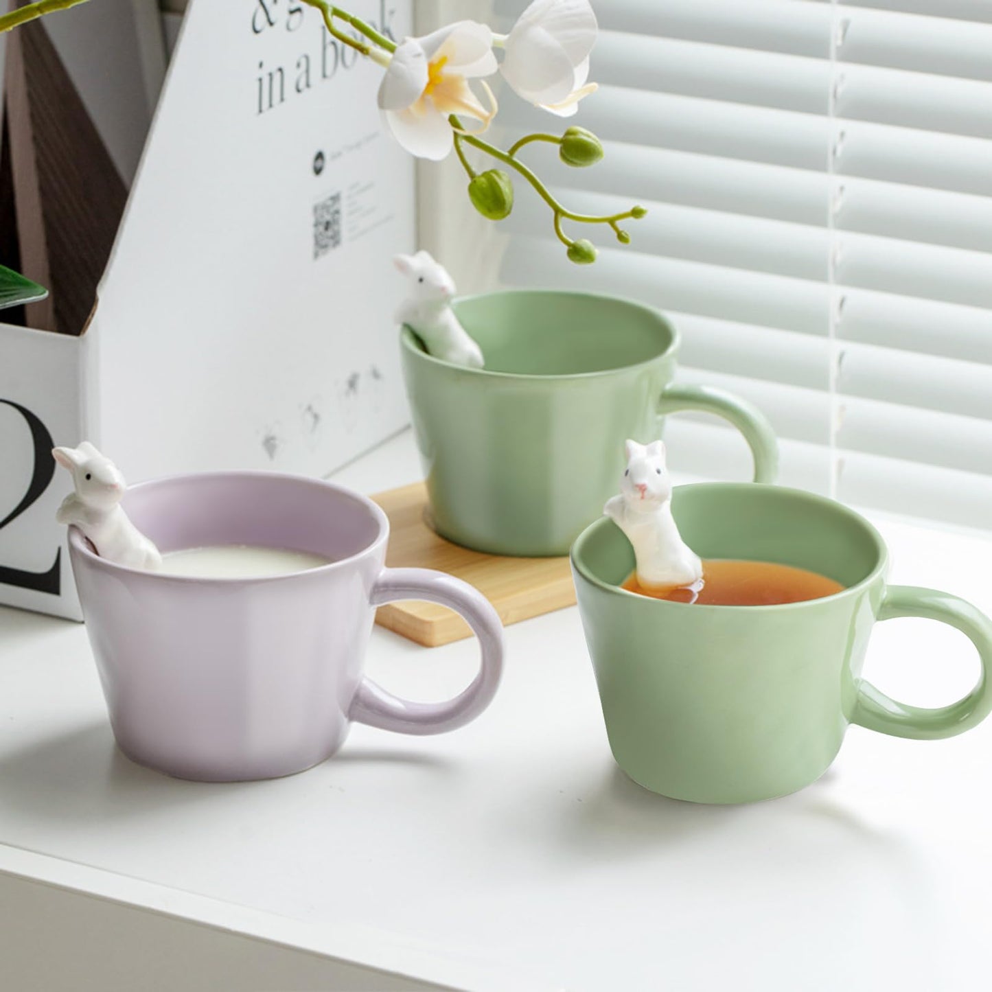 BigNoseDeer Süße Sachen Keramik Katze Kaffeetasse Teetasse Deckel Löffel Lustige Tassen Geschenke für Frauen Kaffeebecher 3D Tasse Personalisiert Cappuccino Tasse Beste Freundin Weihnachten Geschenk