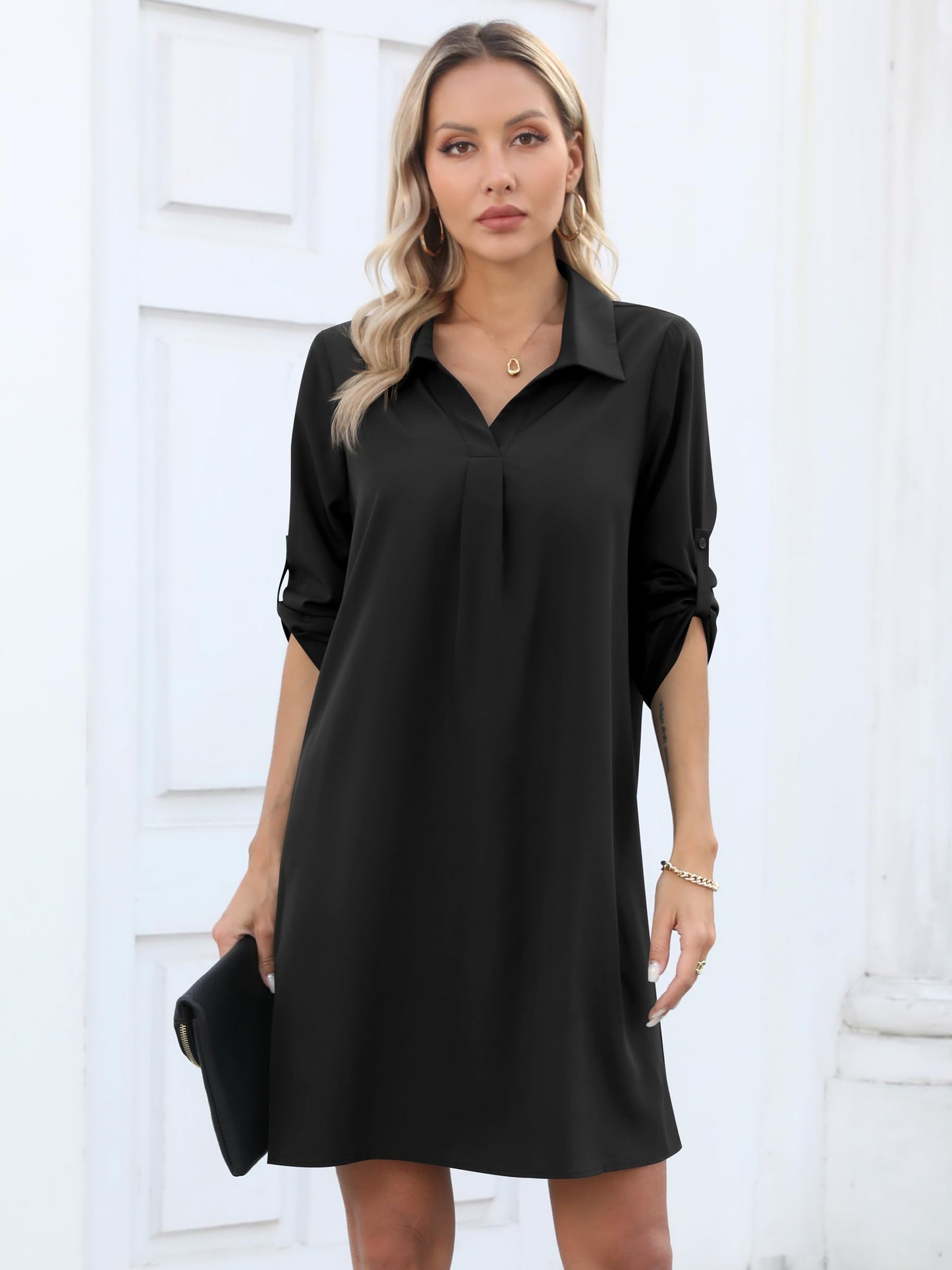 Missufe Damen Freizeit Blusenkleid Tunika Hemdkleid 3/4 Ärmel Locker Shirt Kurzes Kleid