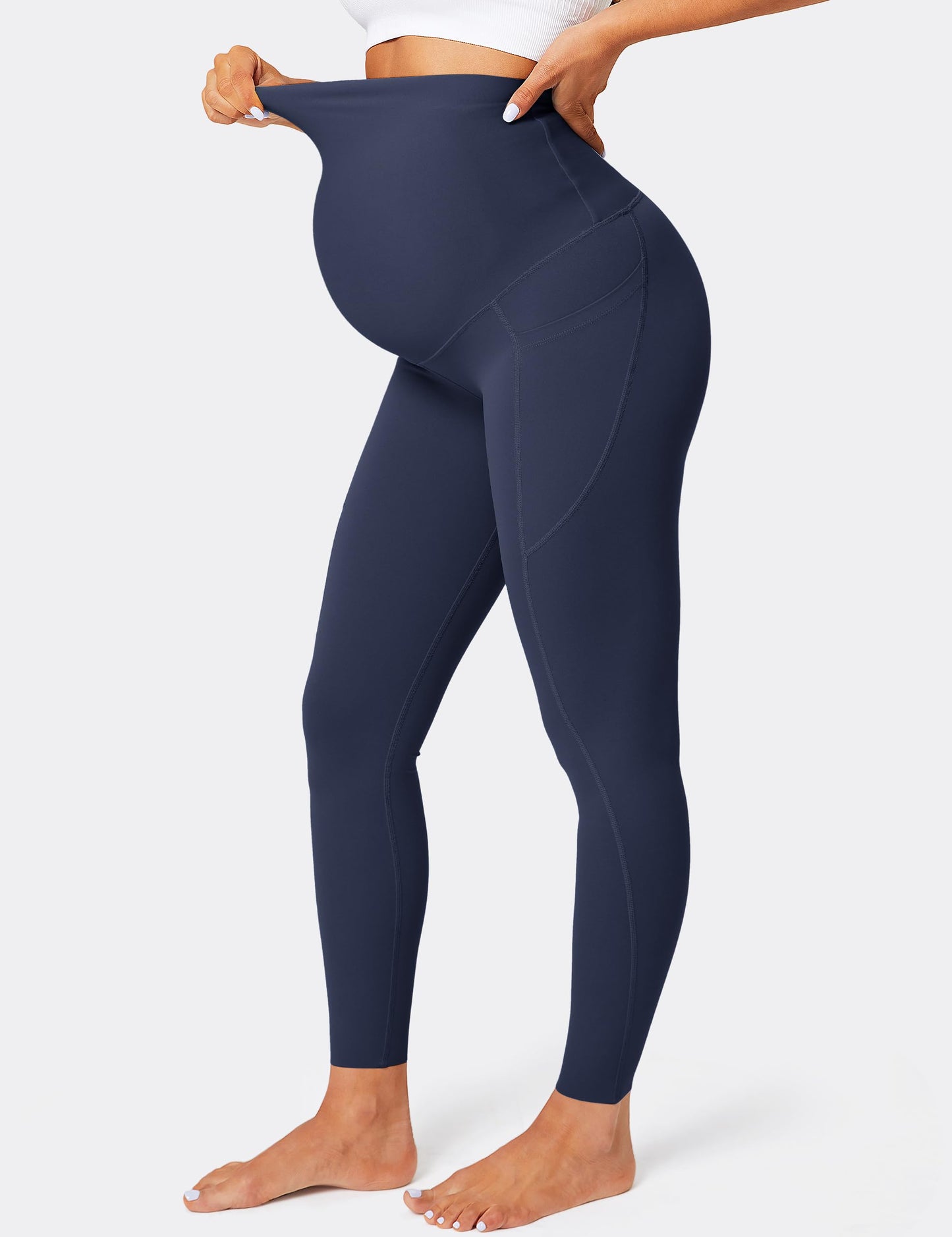 BAYDI Damen Umstandsleggings mit Taschen Blickdichte Lange Schwangerschaftsleggings High Waist Umstandshose Damen Weich elastisch Schwangerschaftshose