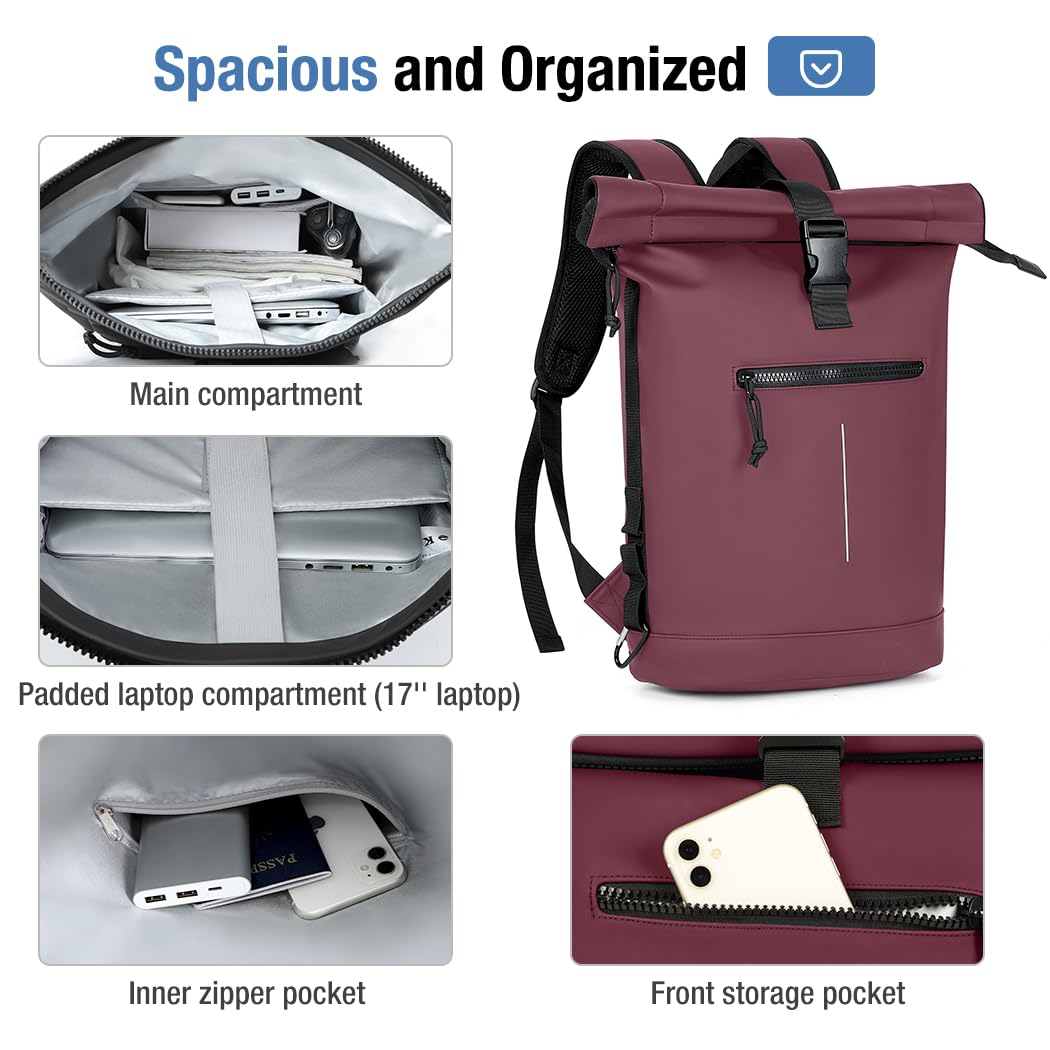 Lekeinchi Rolltop Rucksack Wasserdicht für Damen & Herren, Großer Laptop Rucksack mit Computerfach für 17 Zoll Laptop, Elegant Reiserucksack Daypack für Reisen, Radfahren, Uni Schule, Arbeit-Blau