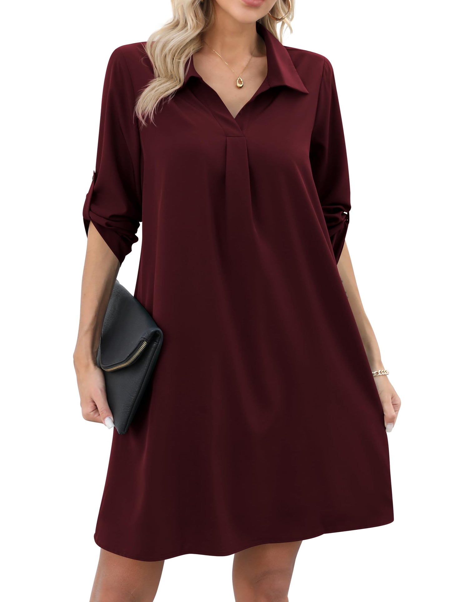 Missufe Damen Freizeit Blusenkleid Tunika Hemdkleid 3/4 Ärmel Locker Shirt Kurzes Kleid