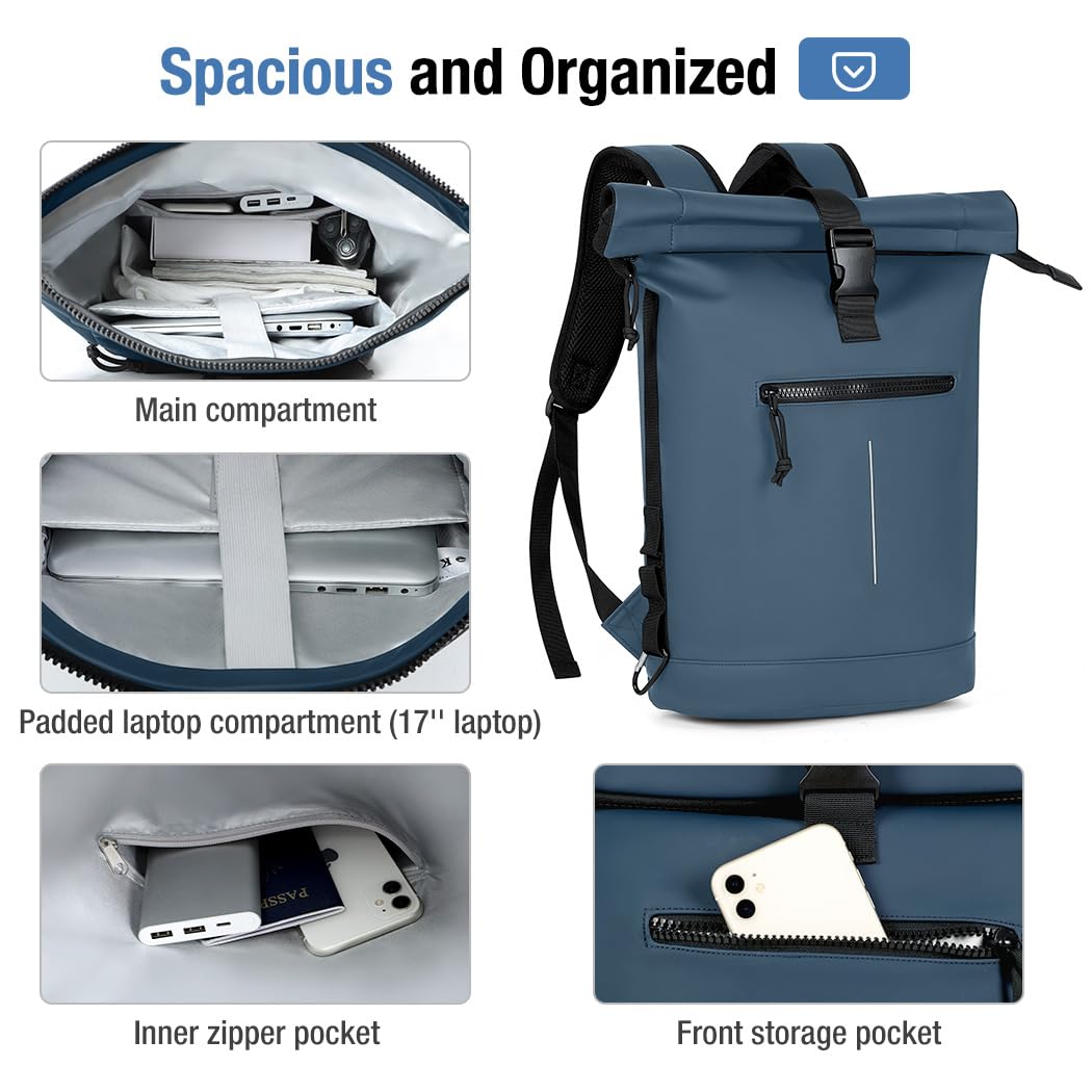 Lekeinchi Rolltop Rucksack Wasserdicht für Damen & Herren, Großer Laptop Rucksack mit Computerfach für 17 Zoll Laptop, Elegant Reiserucksack Daypack für Reisen, Radfahren, Uni Schule, Arbeit-Blau