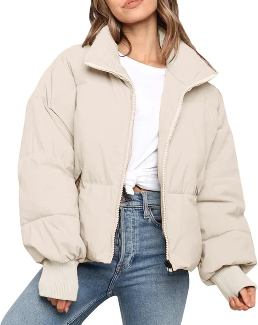 Lapirek Women's Puffer Jacket Short Black Beige Winter Warm Quilted Thick Winter Jacket Winter Warm Transition Women's Jackets Outdoor Long Sleeve Cotton Jacket Jackets for Women (Beige, M)
