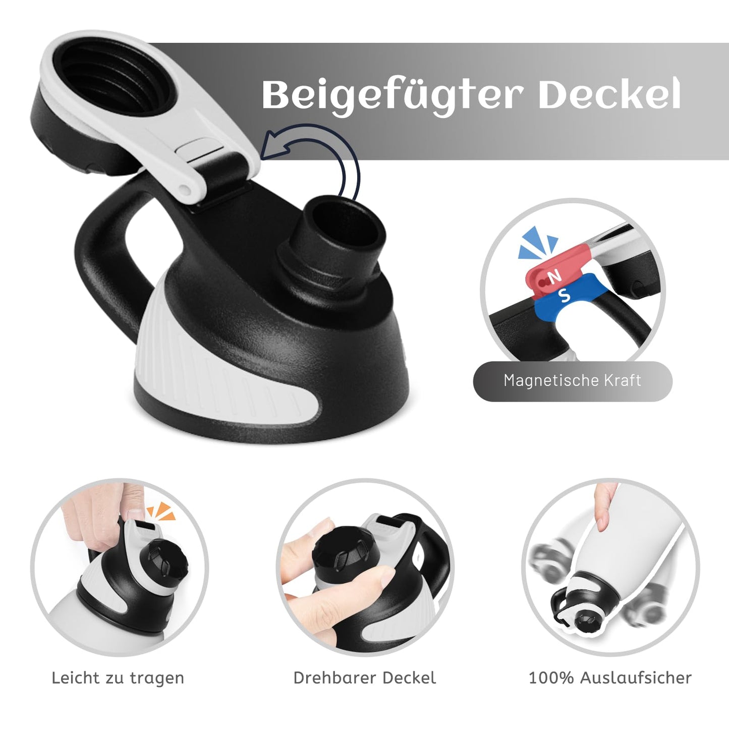 Fjbottle Edelstahl Trinkflasche Sport mit Magnetischem Deckel 1L, 800ml, 600ml, 400ml BPA-Frei Auslaufsichere Kinder Flasche - Kohlensäure geeignet 1500ML Wasserflasche Thermo für Schule, Fitness