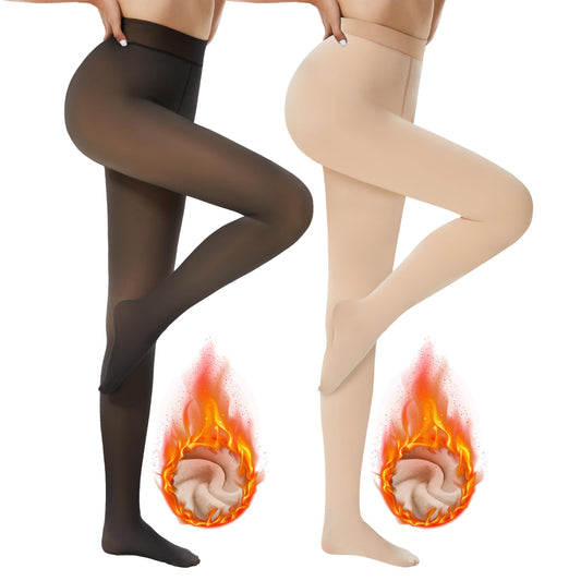 DDOBB Pack of 2 Thermal Tights Women's Winter Lined Thermal Tights Fleece Warm Thick Fake Translucent Pantyhose Thermal Leggings