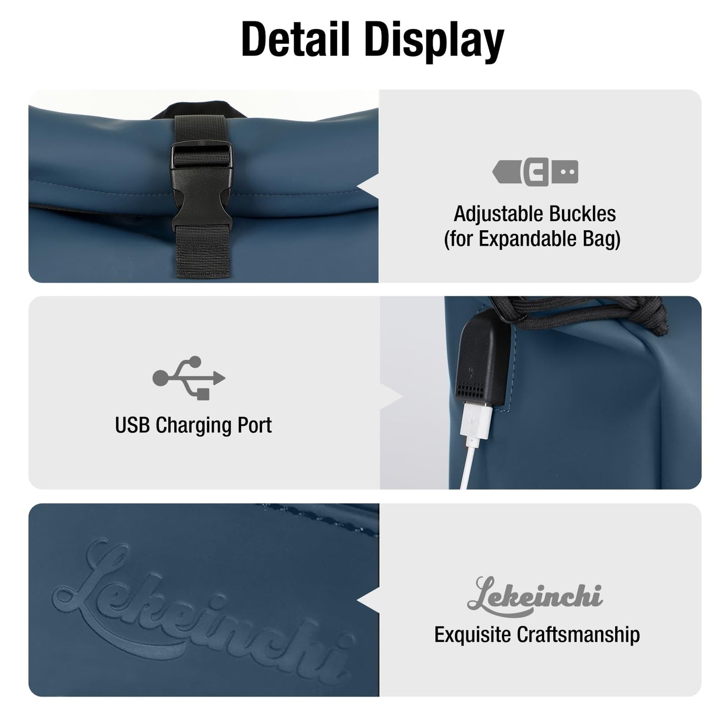 Lekeinchi Rolltop Rucksack Wasserdicht für Damen & Herren, Großer Laptop Rucksack mit Computerfach für 17 Zoll Laptop, Elegant Reiserucksack Daypack für Reisen, Radfahren, Uni Schule, Arbeit-Blau