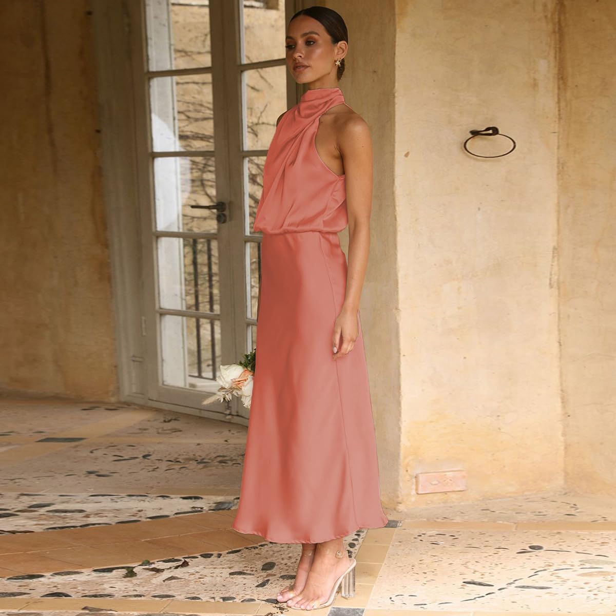 Odizli Damen Elegant Ärmellos Neckholder Satin Sommer Hochzeit Lang Abendkleider