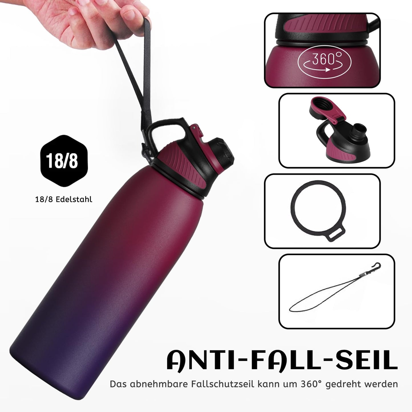 Fjbottle Edelstahl Trinkflasche Sport mit Magnetischem Deckel 1L, 800ml, 600ml, 400ml BPA-Frei Auslaufsichere Kinder Flasche - Kohlensäure geeignet 1500ML Wasserflasche Thermo für Schule, Fitness