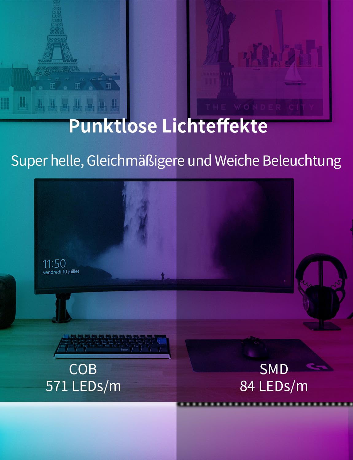 BUNACET COB RGB LED Strip 6M 24V Dimmbar, LED Streifen 3456 LEDs, Leiste Band Stripes Lichtband mit Netzteil RF Fernbedienung & APP Bluetooth für Küche Schlafzimmer Deko