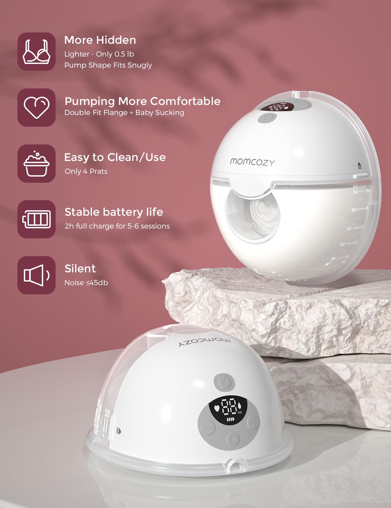 Momcozy Milchpumpe Elektrisch Tragbar Freihändig M5, Doppelmilchpumpe Für Den Babymund, Doppelt Abgedichteter Flansch Mit 3 Modi und 9 Stufen, – 24 mm (2, Grau)