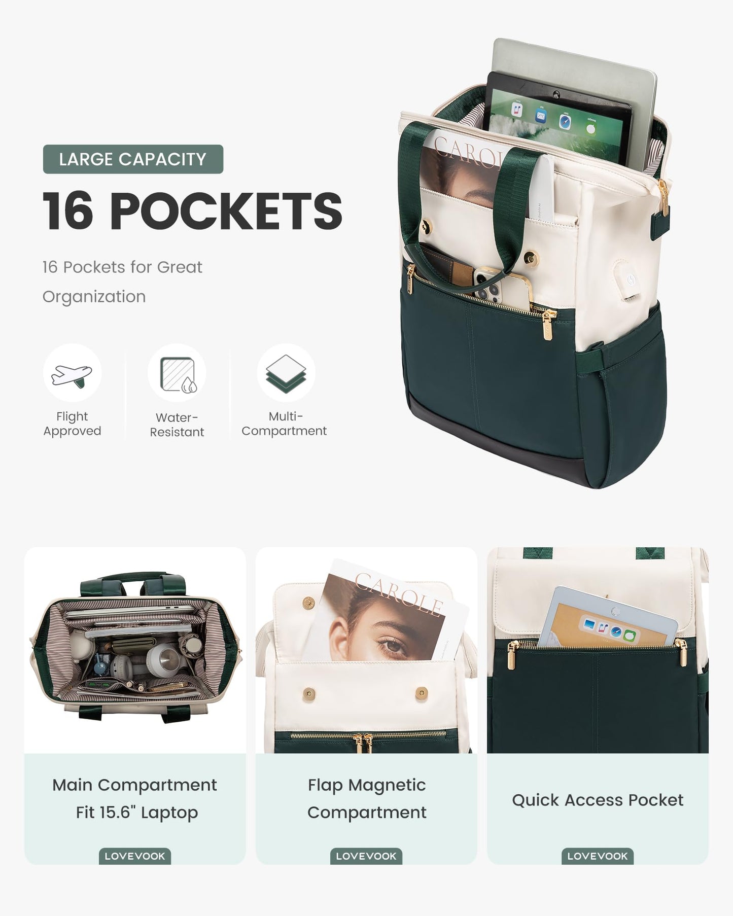 LOVEVOOK Rucksack Damen, Laptop Schulrucksack Wasserdicht, Schultasche Teenager Backpack Women Elegant Tagesrucksäcke Handtasche 2 in 1, 15,6 Zoll Arbeitstasche Lehrertasche Reiserucksack für Uni Büro