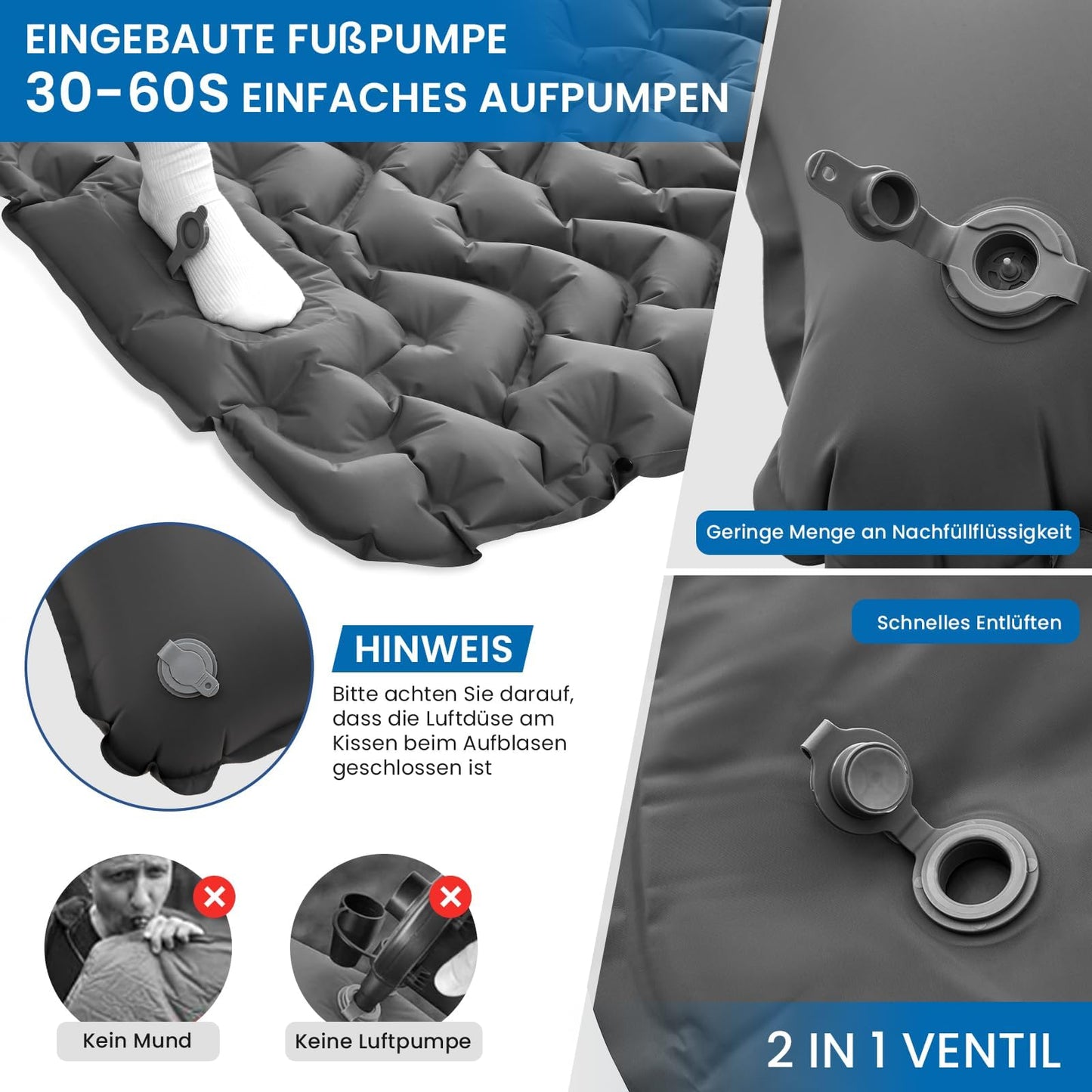 KingCamp Camping Isomatte Selbstaufblasend mit Fußpumpe, Luftmatratze 1 Personen mit integrierten Kopfkissen Outdoor Ultraleichte Campingmatte kleines Packmass, für Camping, Wandern, Trekking