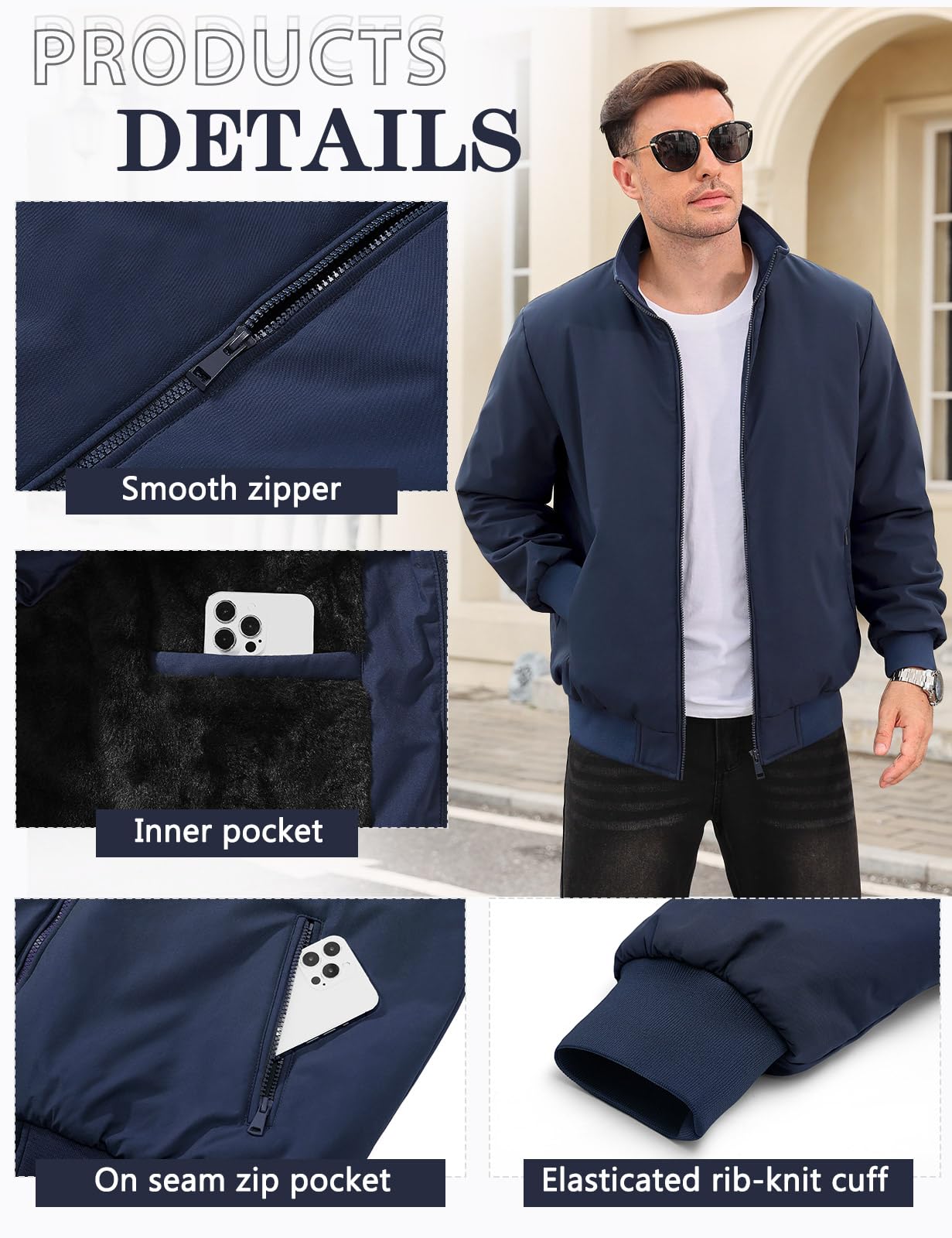 Lonya Men's Fleece Winter Windproof Bomber Jacket Full Zip Transition Jacket Flight Jacket Autumn Warm Padded Stand-Up Collar Coats Jackets