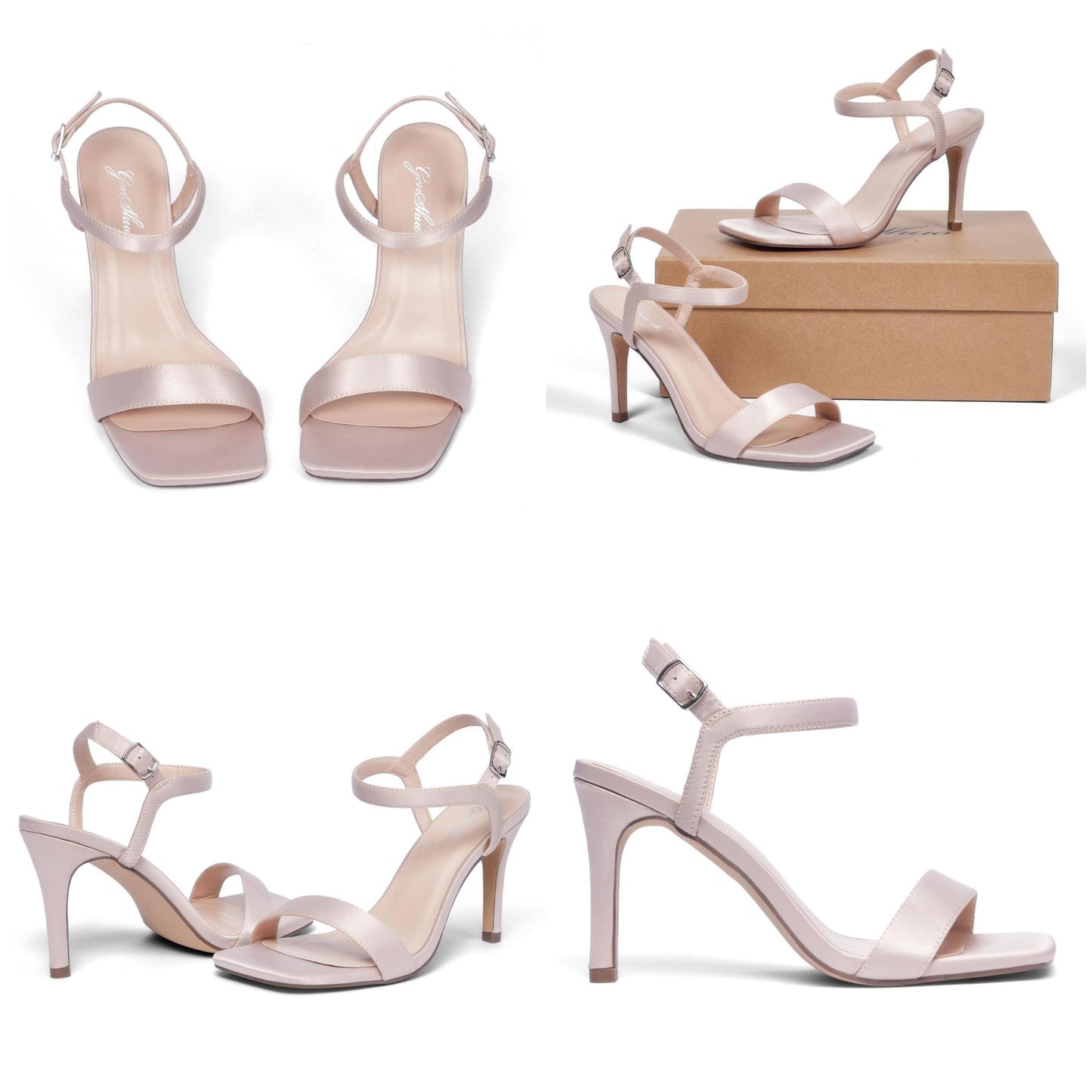 GENSHUO Sandaletten Damen mit Absatz, 8CM High Heel Peep Toe, Satin Sandalen Sommer Elegante Schuhe Party Prom Dress Slingback mit Knöchelriemen,EU 36-42