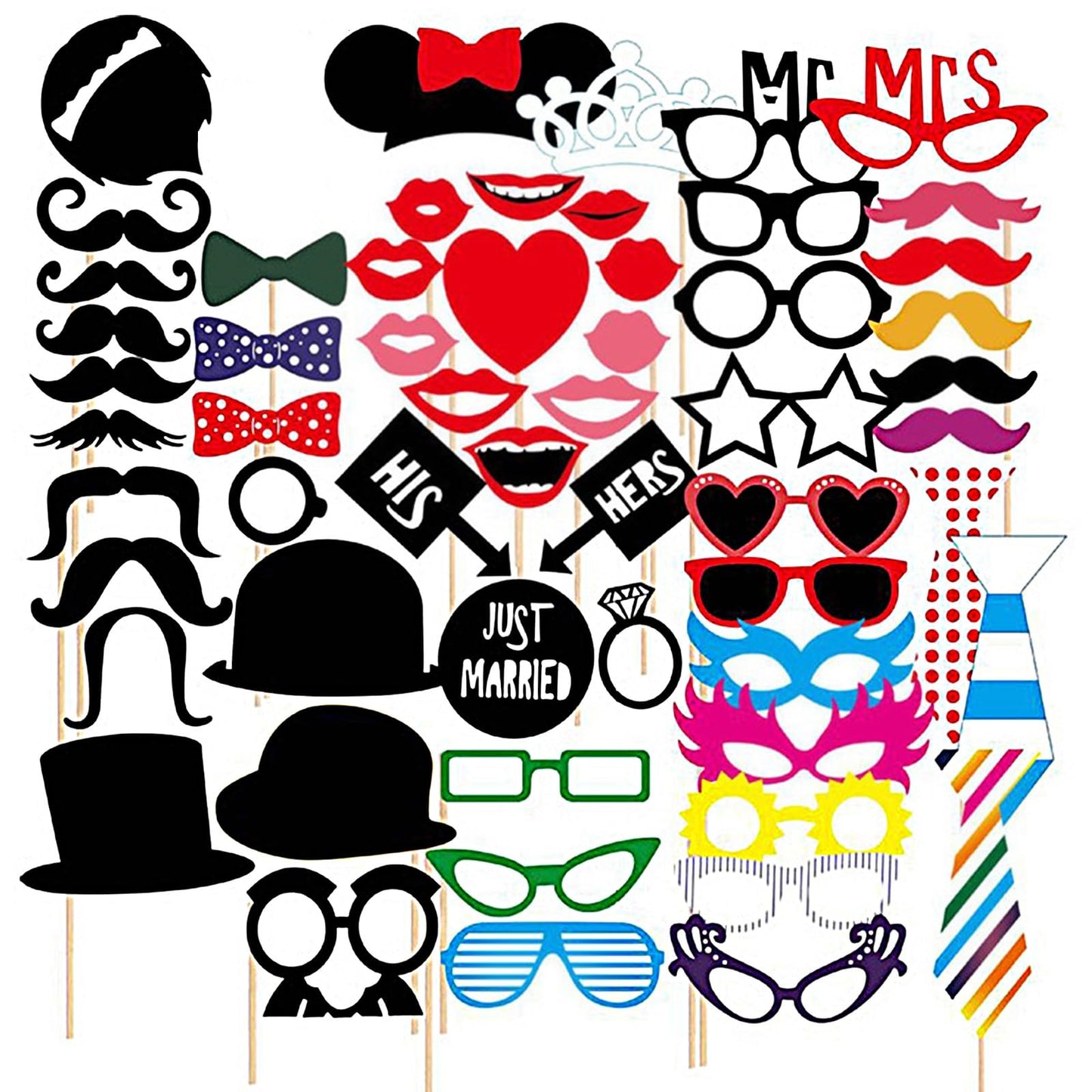 SacJkt Fotobox Accessoires, Party Foto Requisiten, 58PCS Foto Verkleidung mit Sticks und Stickern, Fotobox Zubehör Foto Requisite Kit für Erwachsene und Kinder, Hochzeit Geburtstag Party
