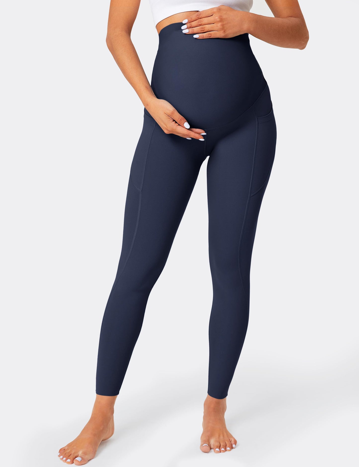 BAYDI Damen Umstandsleggings mit Taschen Blickdichte Lange Schwangerschaftsleggings High Waist Umstandshose Damen Weich elastisch Schwangerschaftshose