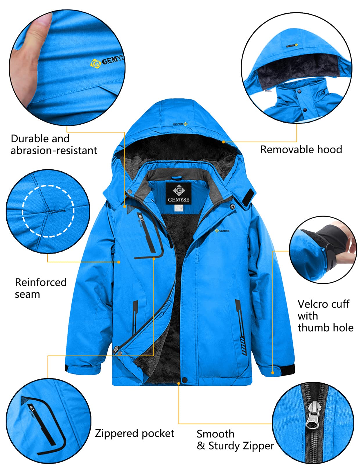 Gemyse Boys' Waterproof Ski Jacket, Windproof Fleece Jacket, Outdoor Winter Jacket, Rain Jacket with Hood