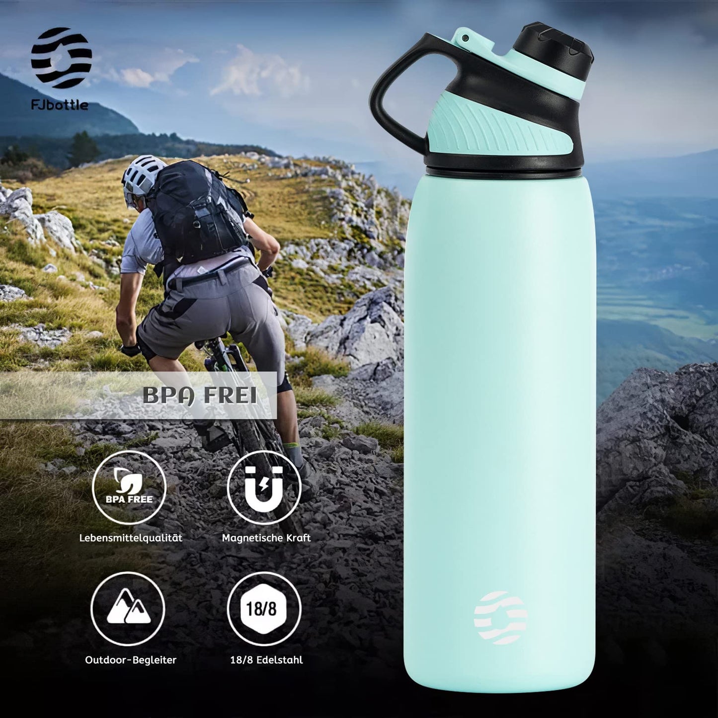 Fjbottle Edelstahl Trinkflasche Sport mit Magnetischem Deckel 1L, 800ml, 600ml, 400ml BPA-Frei Auslaufsichere Kinder Flasche - Kohlensäure geeignet 1500ML Wasserflasche Thermo für Schule, Fitness