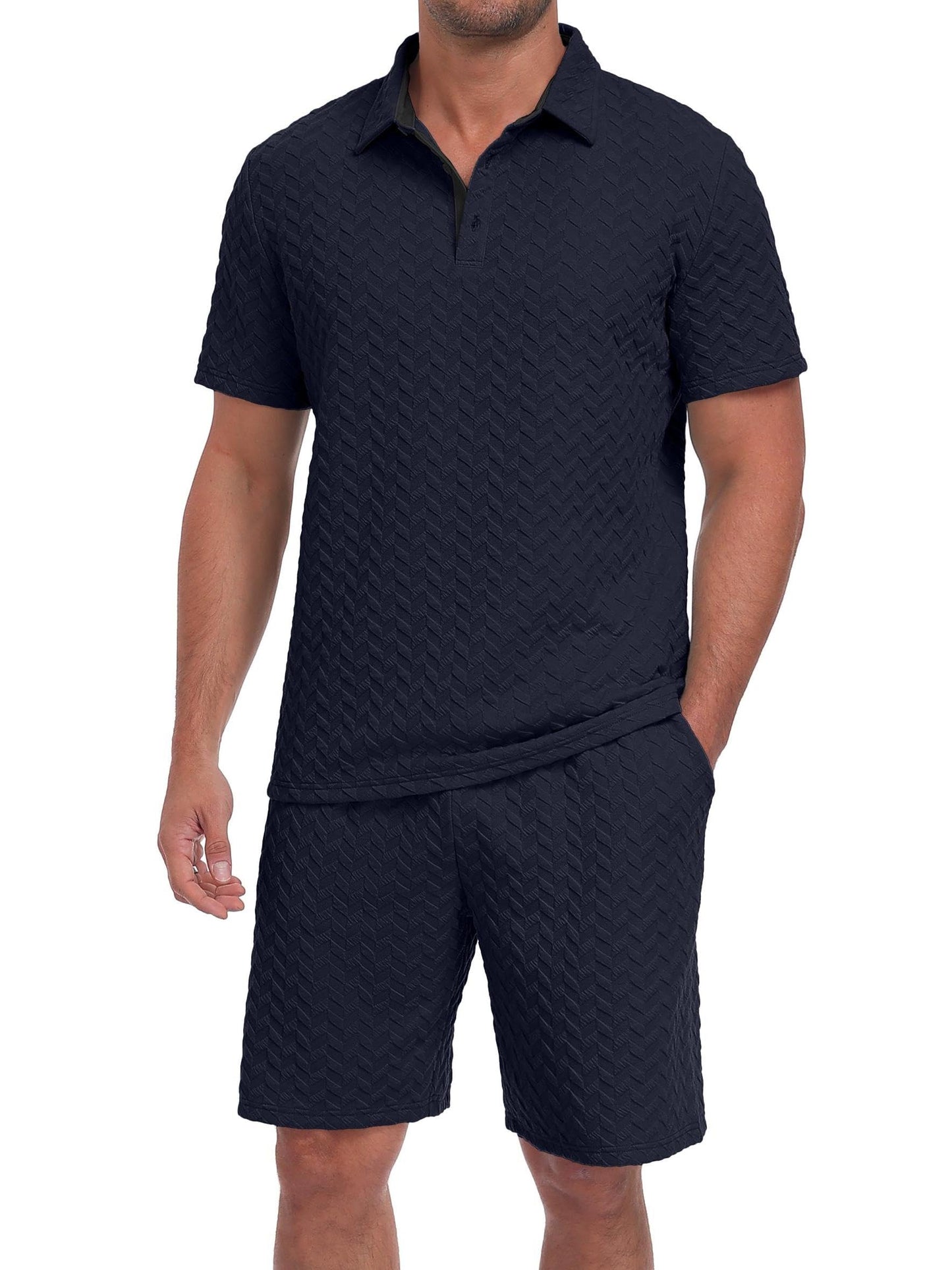 QIXING Herren Sommer Set 2 Teiler Polohemd und Shorts Set Herren Kurzarm Polo Shirt mit Strukturmuster Leichtes Freizeit Outfit für Urlaub Strand Reisen und Alltag