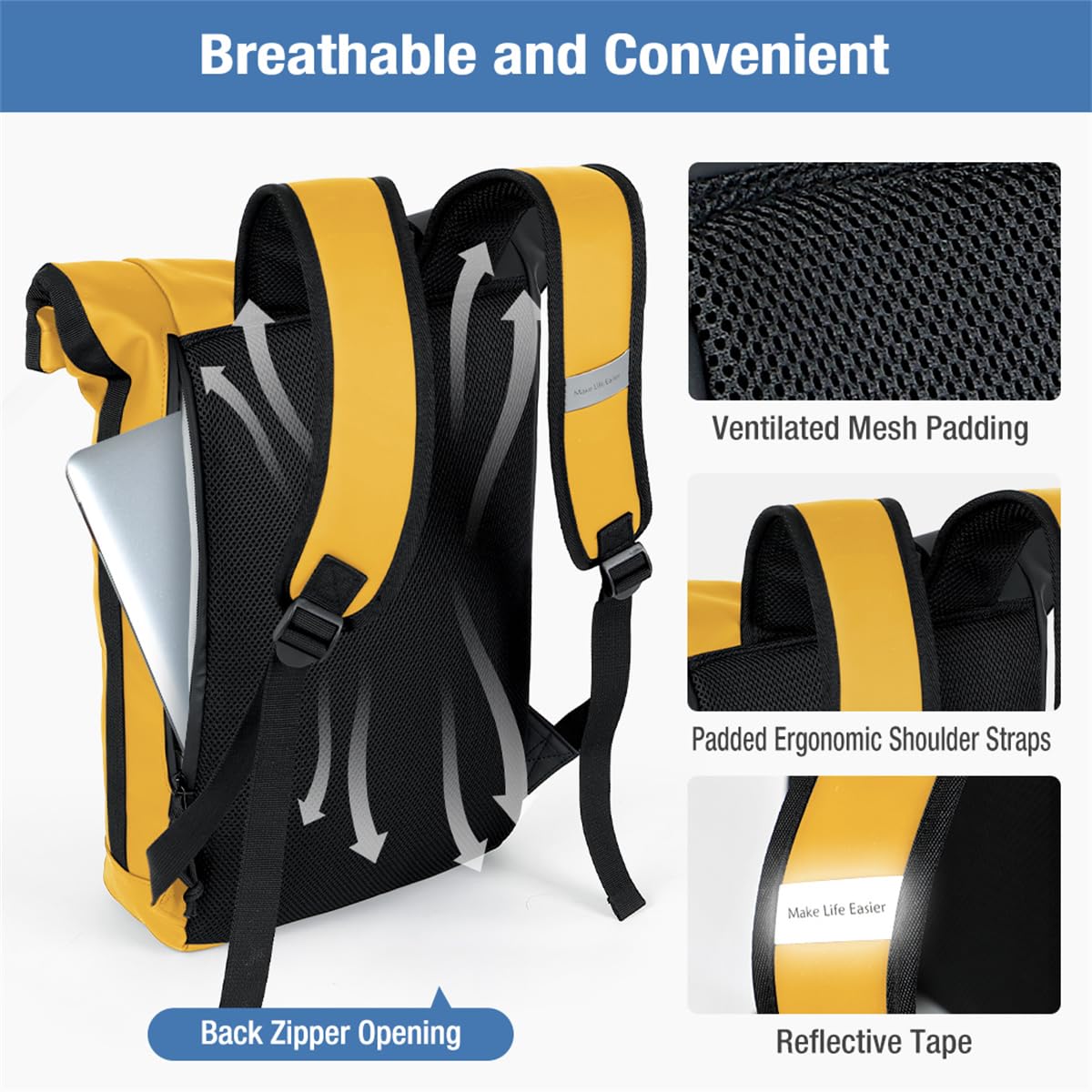 Lekeinchi Rolltop Rucksack Wasserdicht für Damen & Herren, Großer Laptop Rucksack mit Computerfach für 17 Zoll Laptop, Elegant Reiserucksack Daypack für Reisen, Radfahren, Uni Schule, Arbeit-Blau