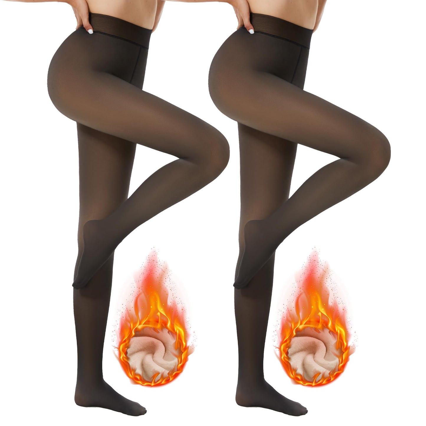 DDOBB Pack of 2 Thermal Tights Women's Winter Lined Thermal Tights Fleece Warm Thick Fake Translucent Pantyhose Thermal Leggings