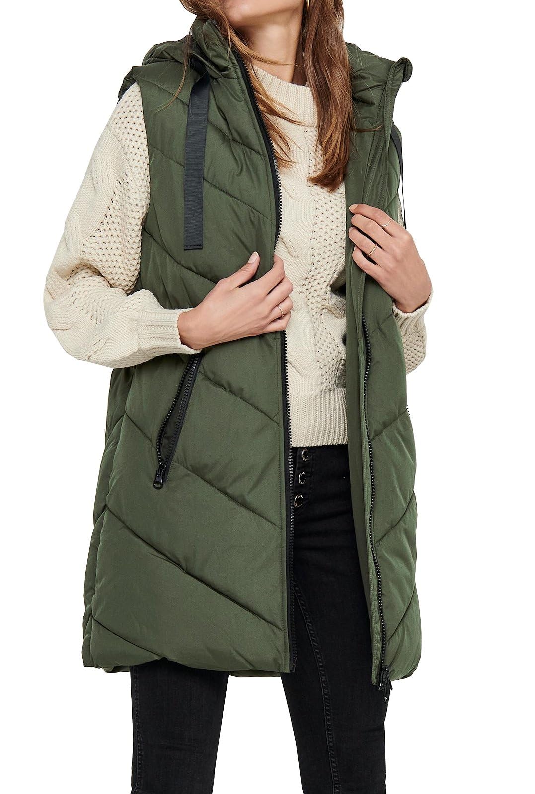 JDY JDYSkylar Women's 3/4 Length Quilted Vest Padded Hood Waistcoat with Hood