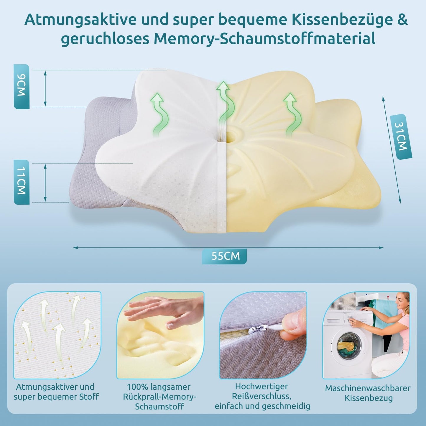 DONAMA Memory Foam Kissen ergonomisches Nackenkissen Kopfkissen Seitenschläferkissen für Seiten, Rücken & Bauchschläfer