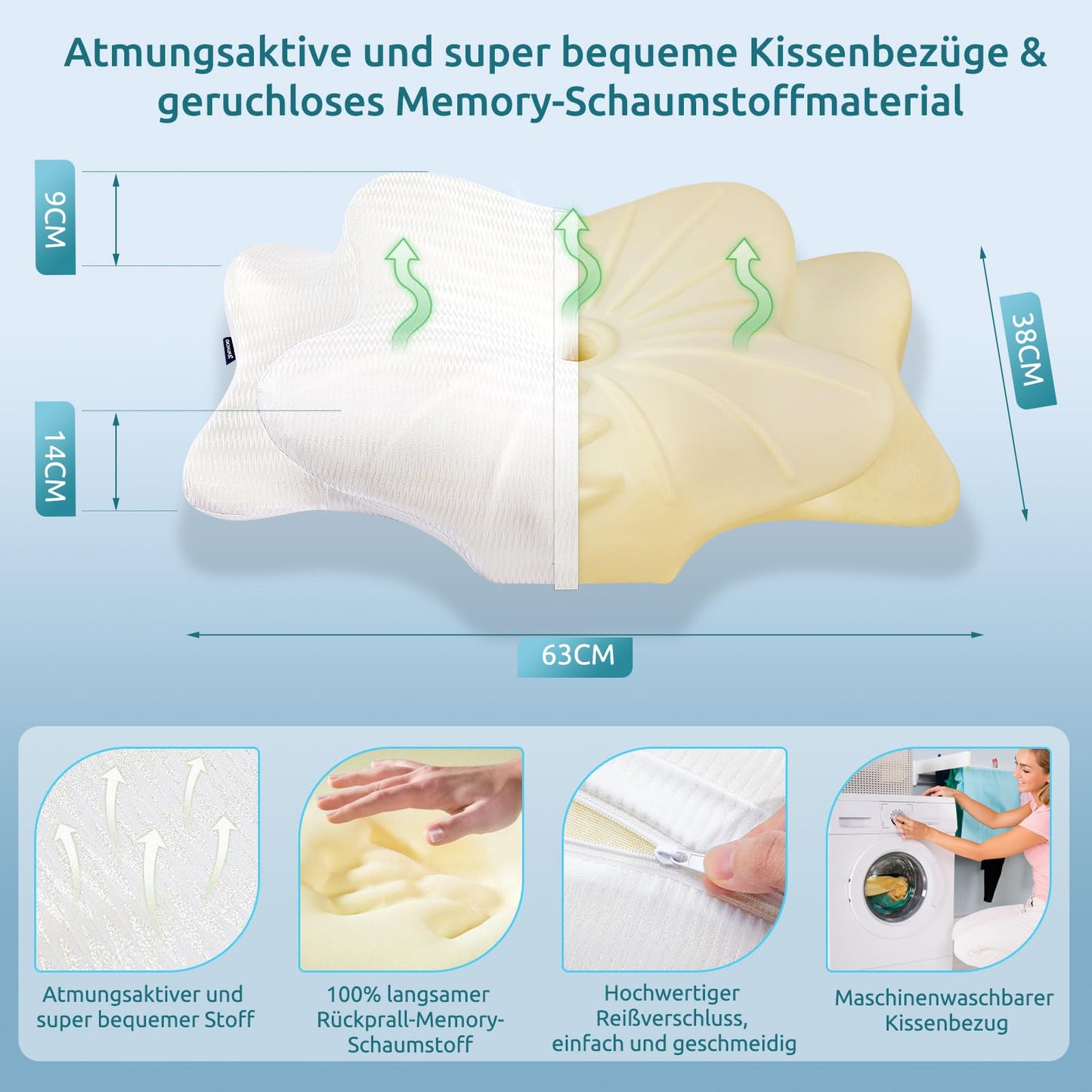 DONAMA Memory Foam Kissen ergonomisches Nackenkissen Kopfkissen Seitenschläferkissen für Seiten, Rücken & Bauchschläfer