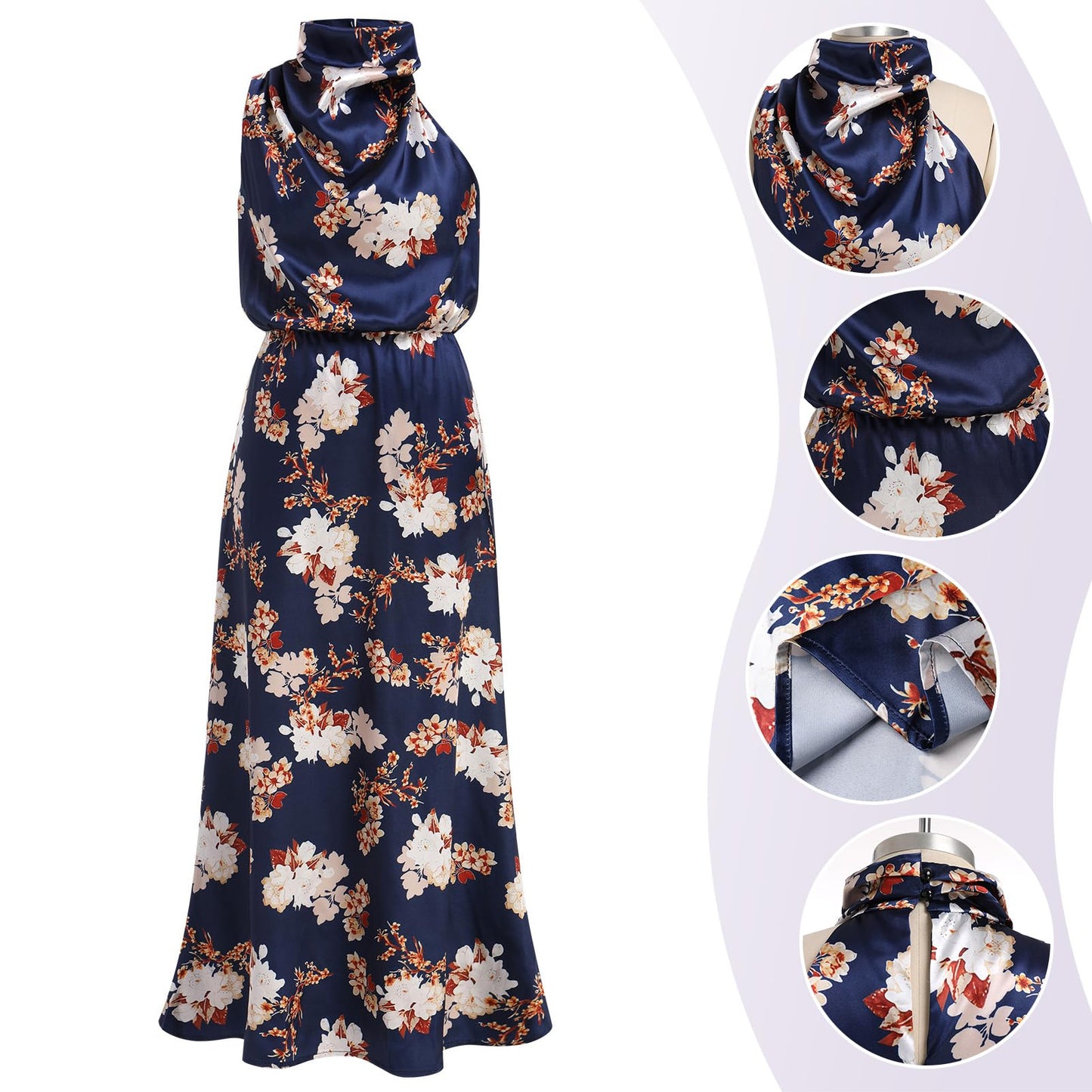 Odizli Damen Elegant Ärmellos Neckholder Satin Sommer Hochzeit Lang Abendkleider