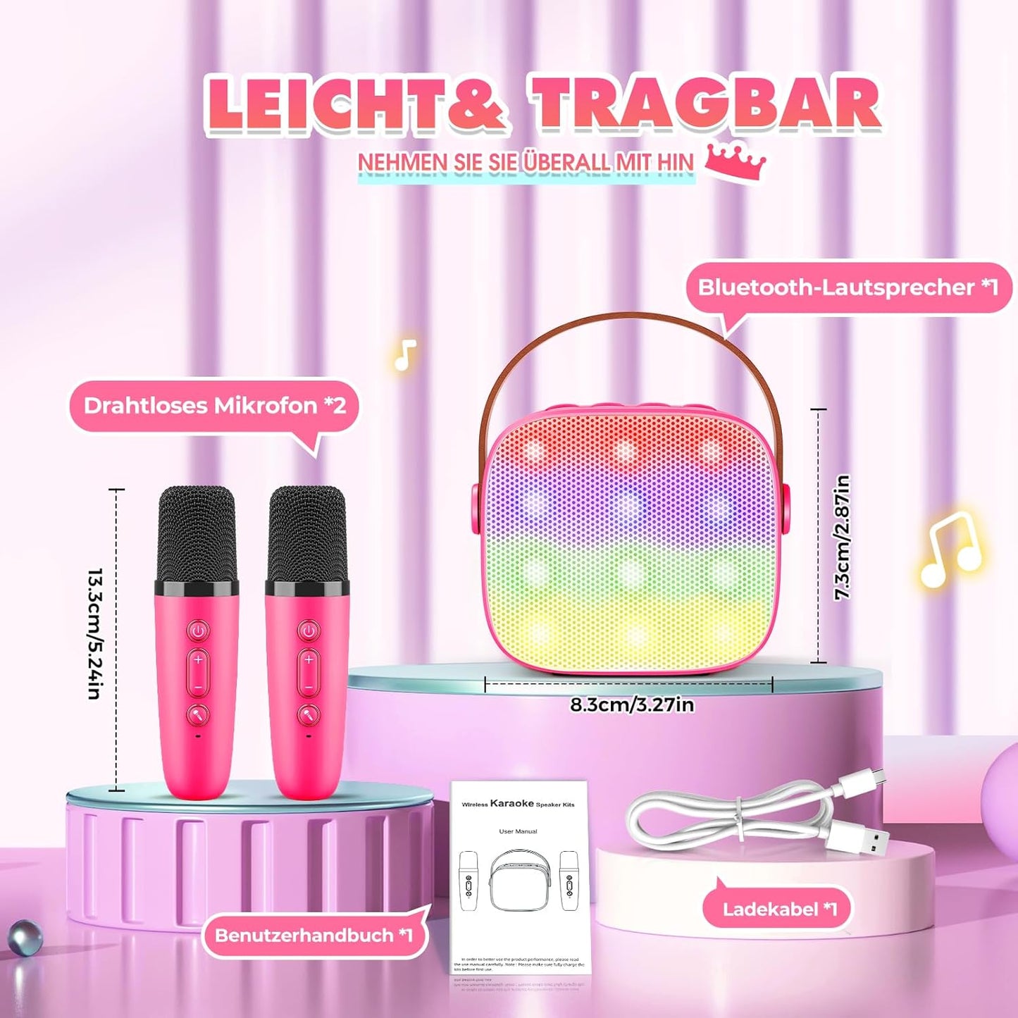 Karaoke Machine with 2 Bluetooth Microphones, Children's Unicorn Christmas Gifts Toy for Girls 3-12 Years, Portable Karaoke Microphone Set with DSP and LED Lights