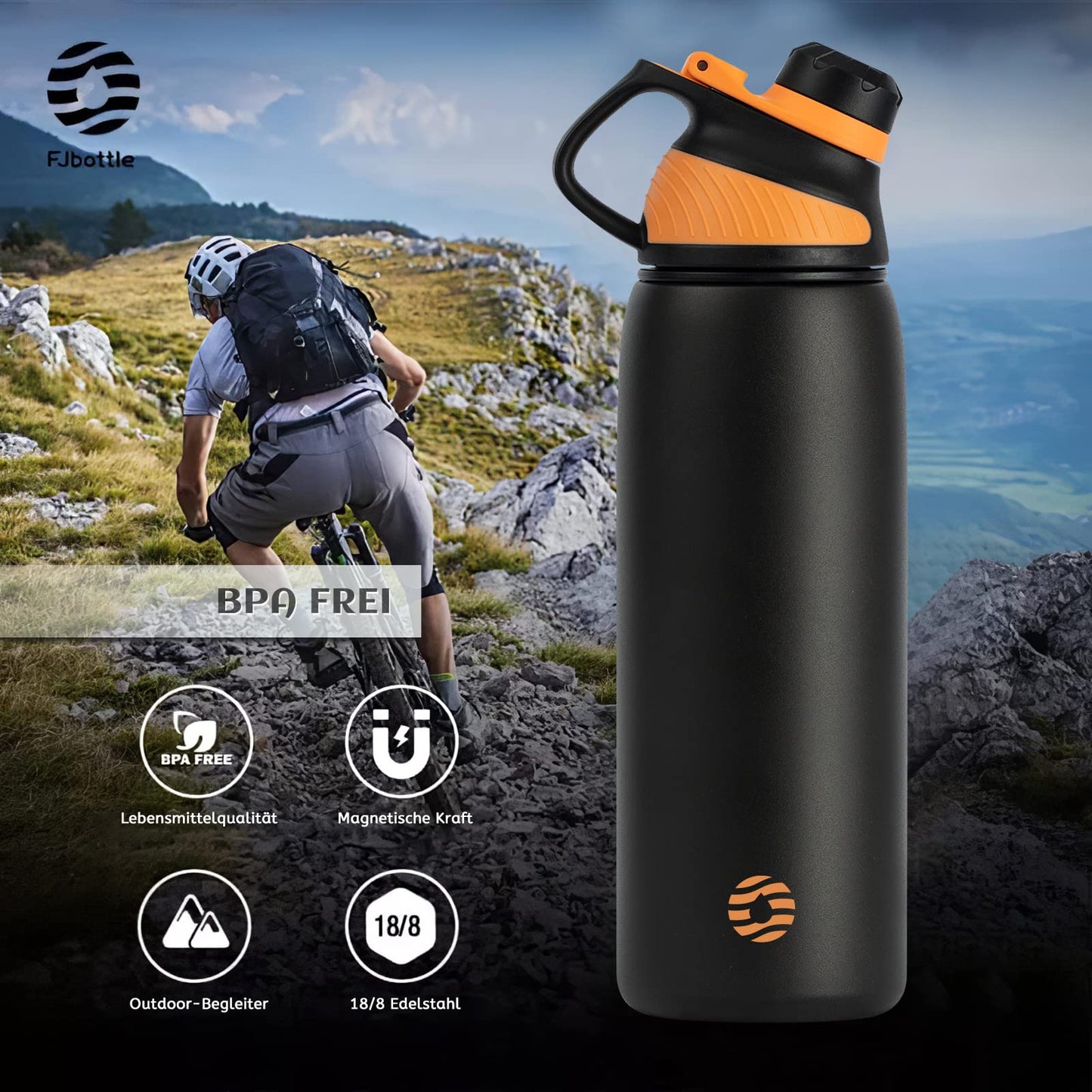 Fjbottle Edelstahl Trinkflasche Sport mit Magnetischem Deckel 1L, 800ml, 600ml, 400ml BPA-Frei Auslaufsichere Kinder Flasche - Kohlensäure geeignet 1500ML Wasserflasche Thermo für Schule, Fitness