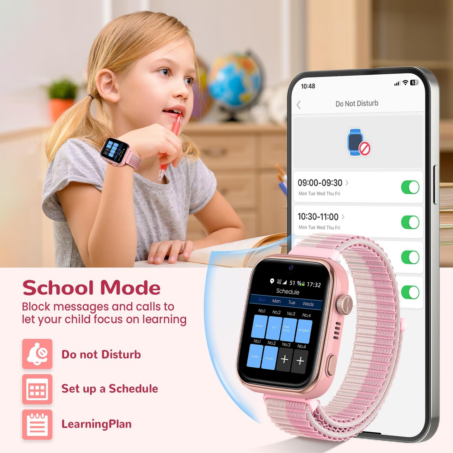 4G Children's Smartwatch with Video Call and Phone, IP68 Waterproof Children's Watch Voice Chat, WhatsApp, WiFi, GPS, SOS, SMS, School Mode, Pedometer, Sleep Alarm Clock, Children's Watch for Girls
